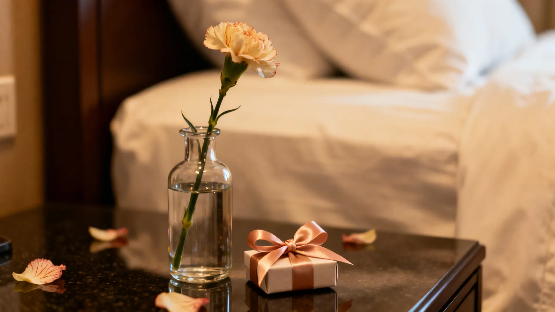 Small gift box with pink ribbon beside a flower in a vase on a dark table