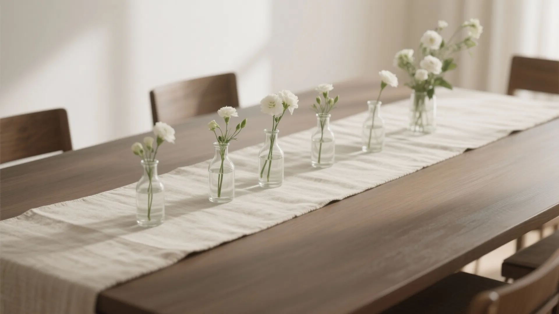 3) Linen runner with a cluster of bud vases