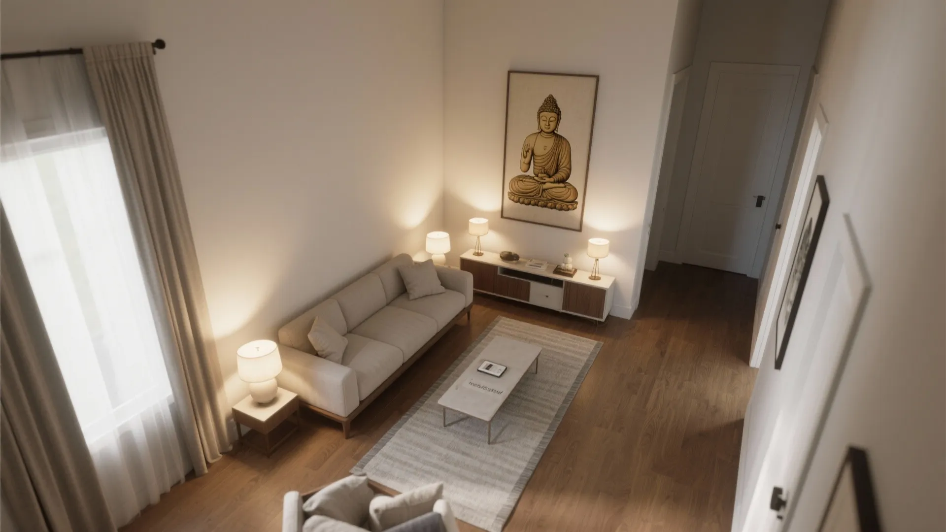 Top view of a living room layout with warm light fixtures and Buddha wall art