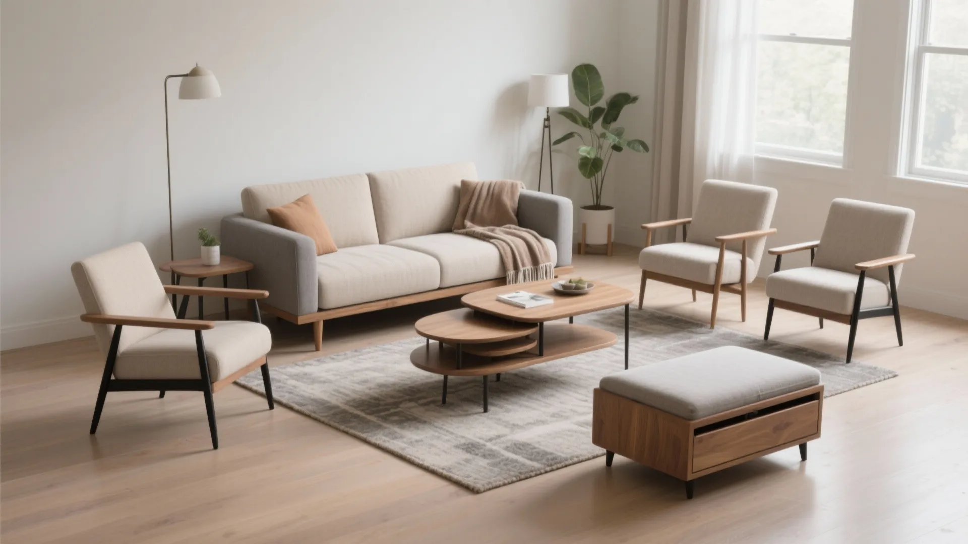 Modern living room with beige sofa three armchairs wooden coffee tables footrest and floor lamp
