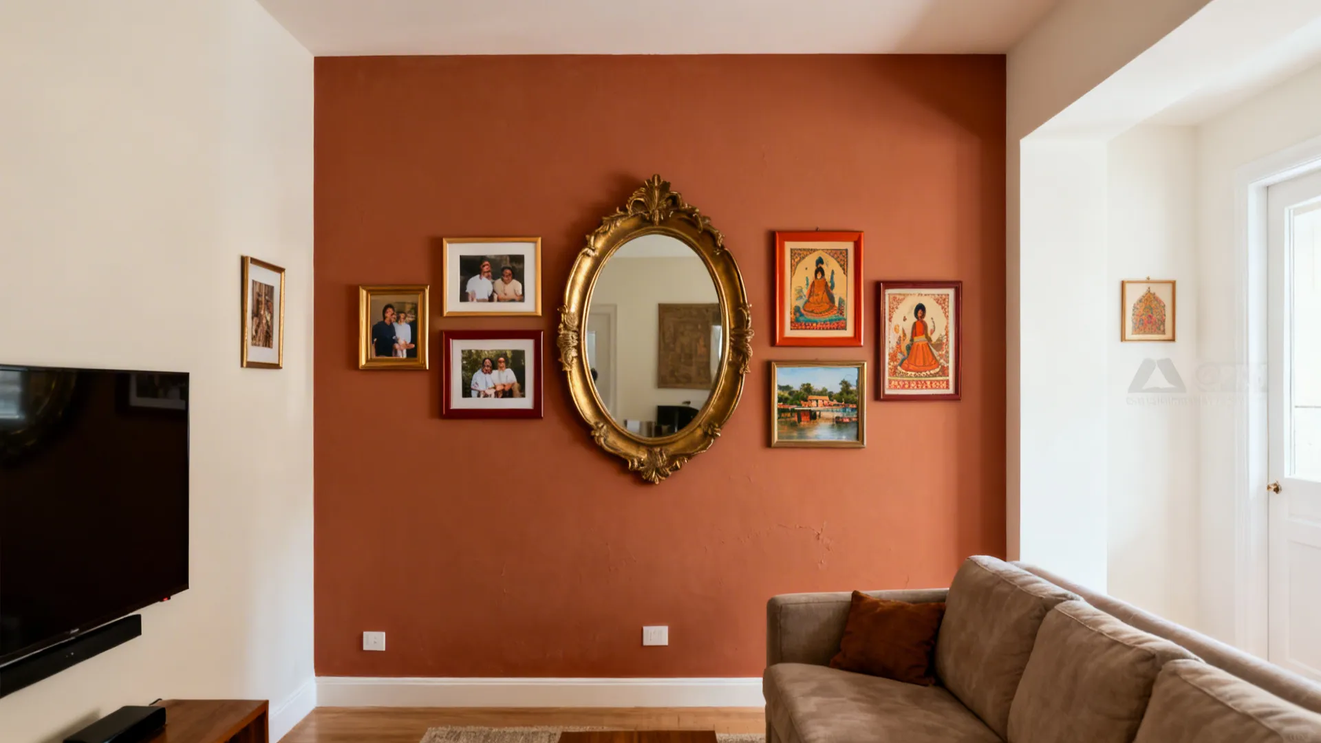 Terracotta accent wall with a tidy gallery of photos and a brass mirror in a bright room.