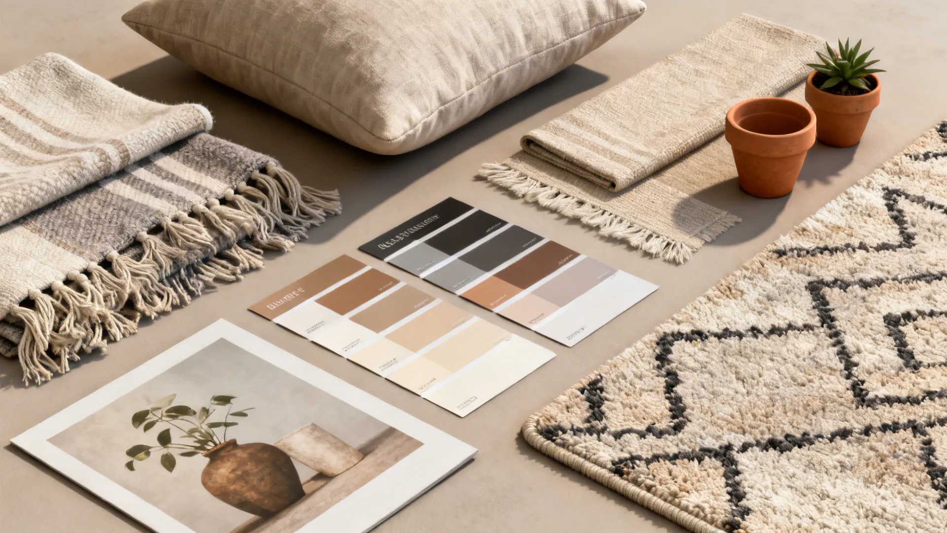 Flatlay of affordable decor accents—pillows, throws, rugs, and terracotta pieces for budget updates.