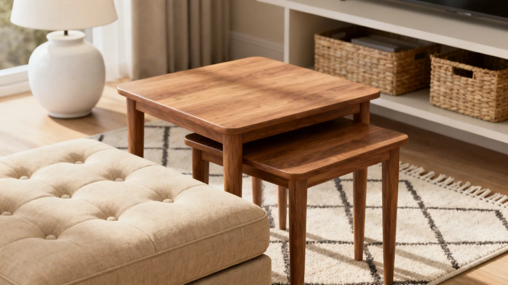 Close-up of affordable flexible furniture pieces like nesting tables and an ottoman