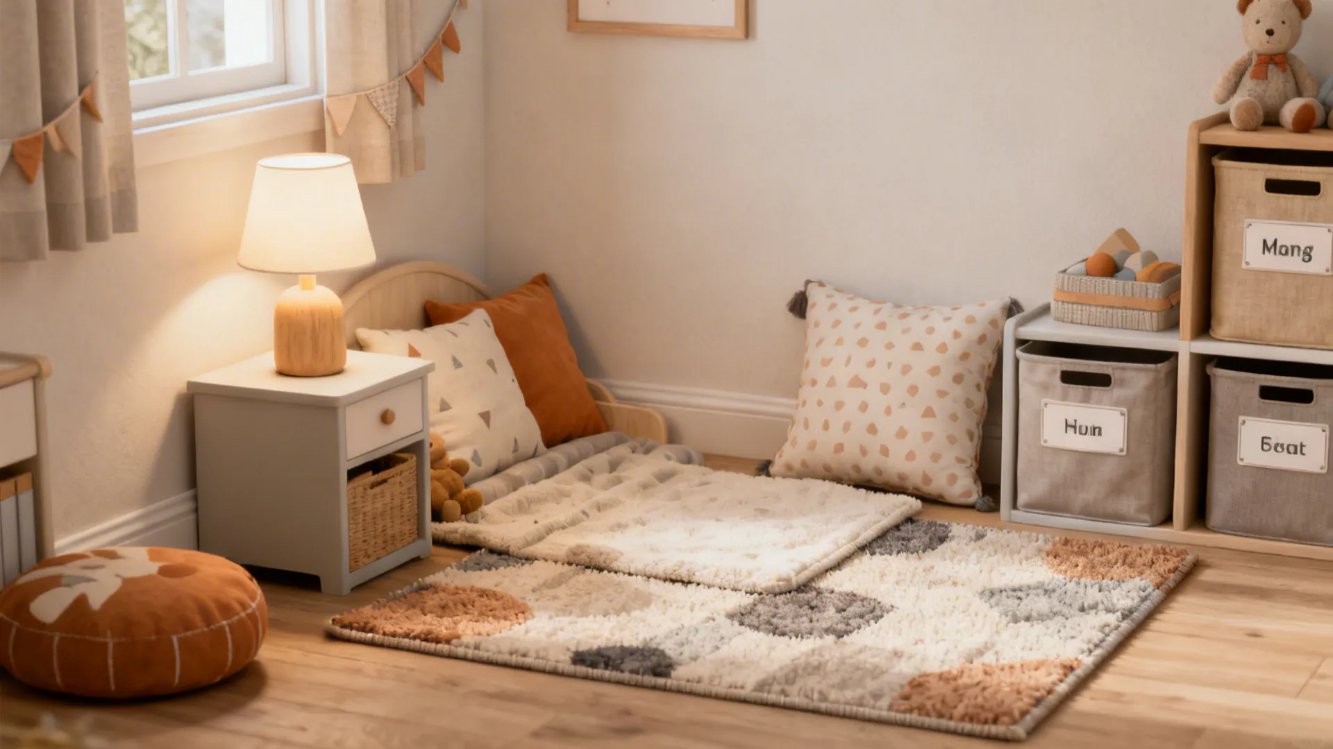 Rug, lamp, cushions and labeled bins arranged to show budget-friendly styling for a child's room.
