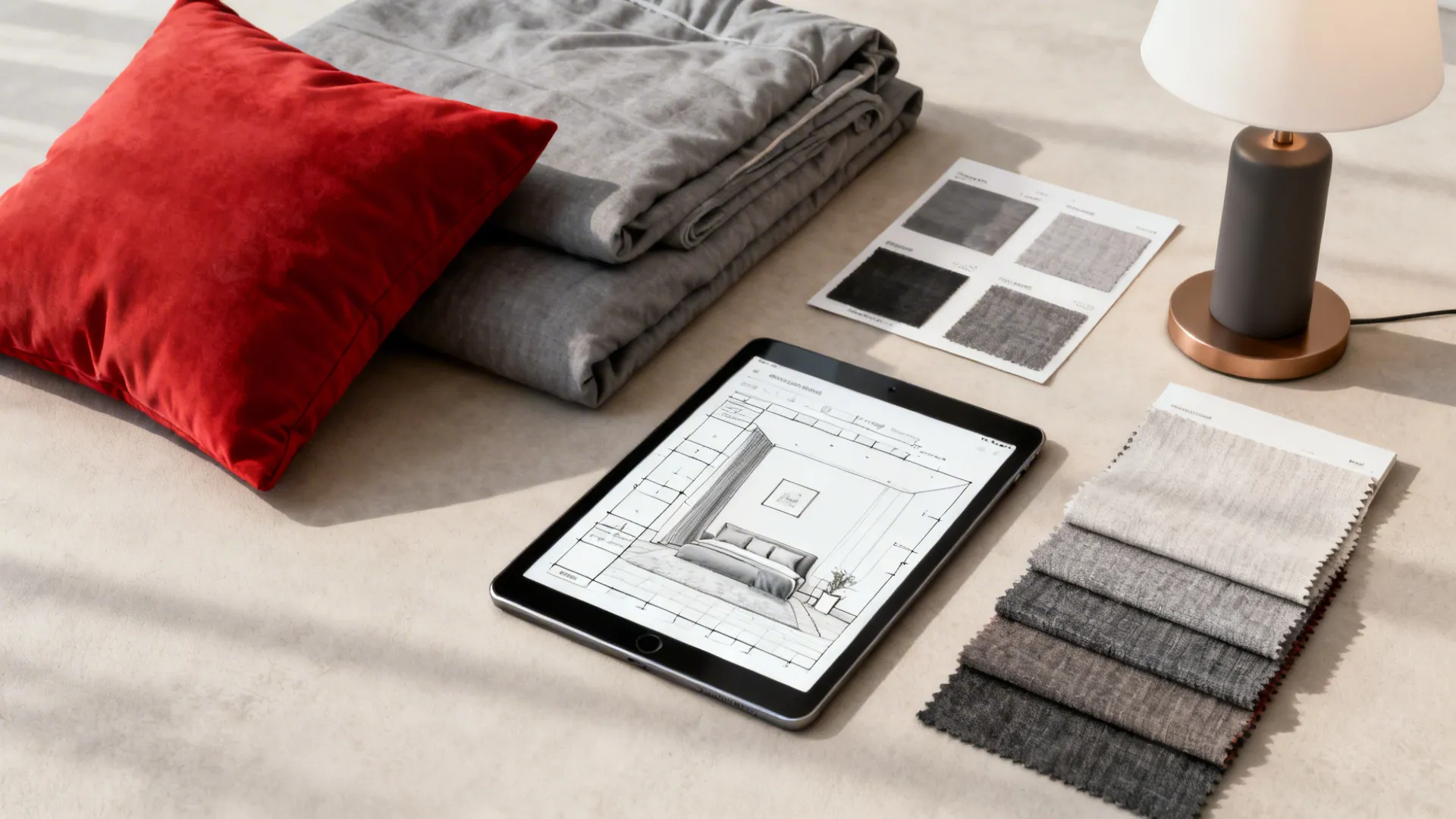 Flatlay of affordable red and grey bedroom accessories and fabric swatches.