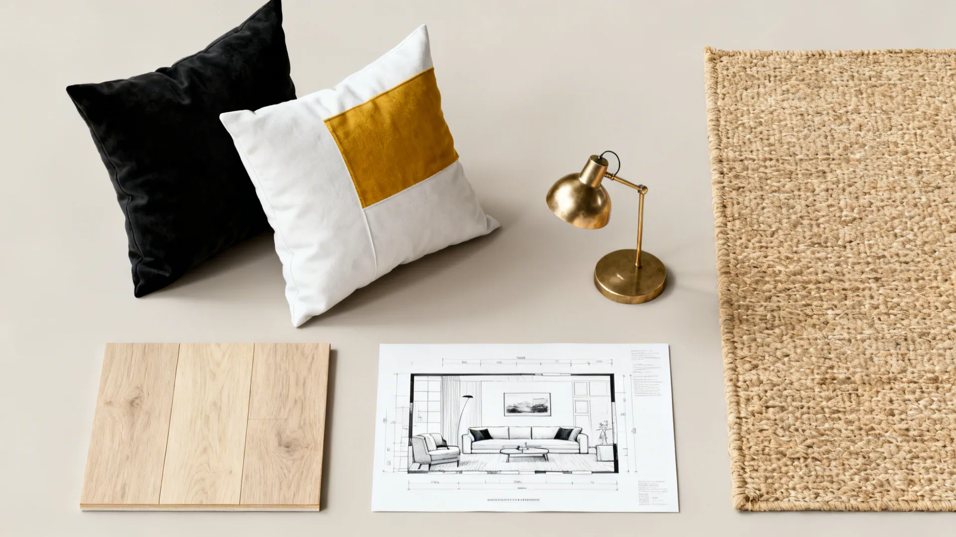Flatlay of budget-friendly black-and-white accessories and material samples for living room planning.