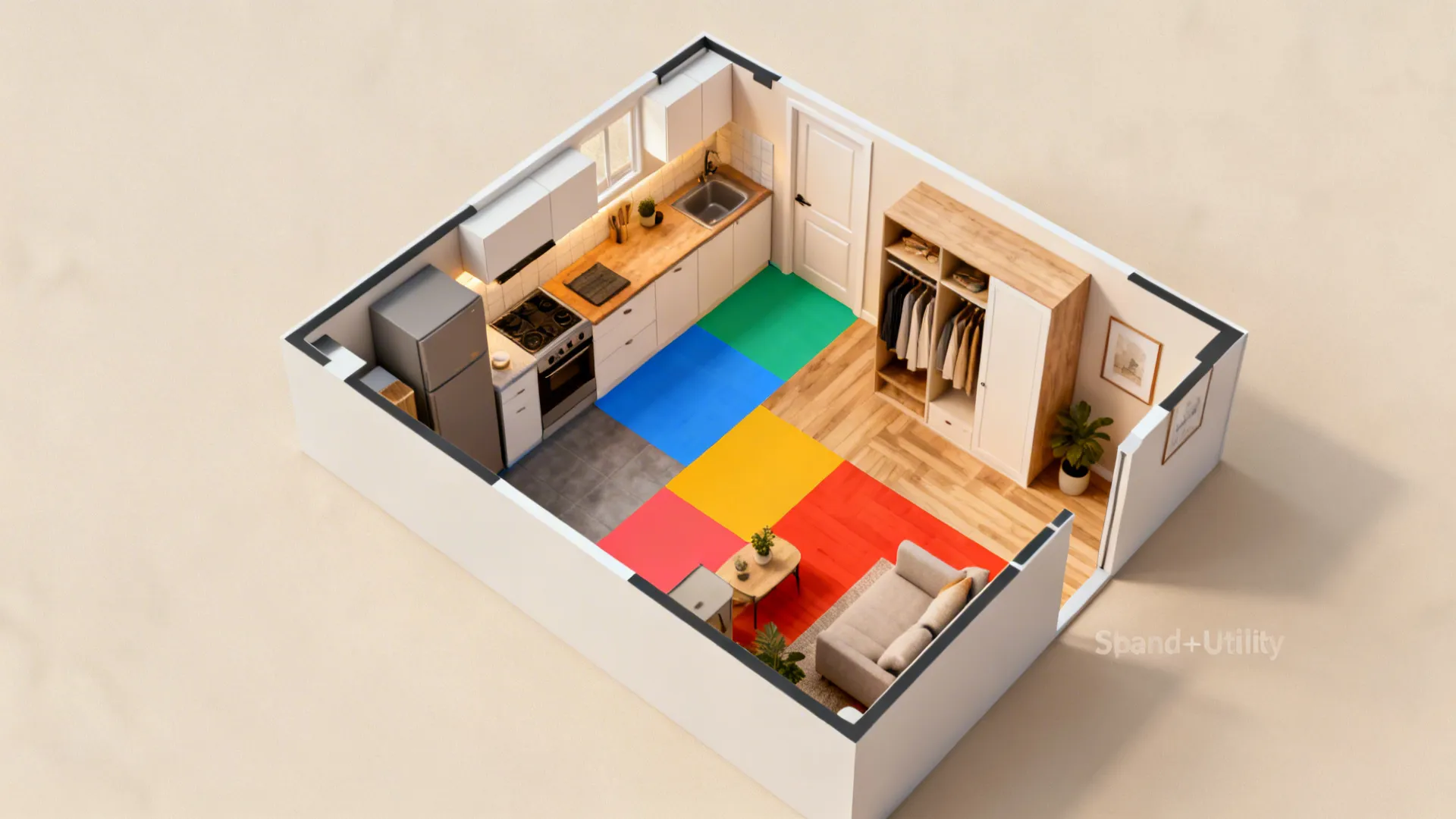 Top-down apartment plan highlighting budget focus areas like kitchen, storage, and lighting.