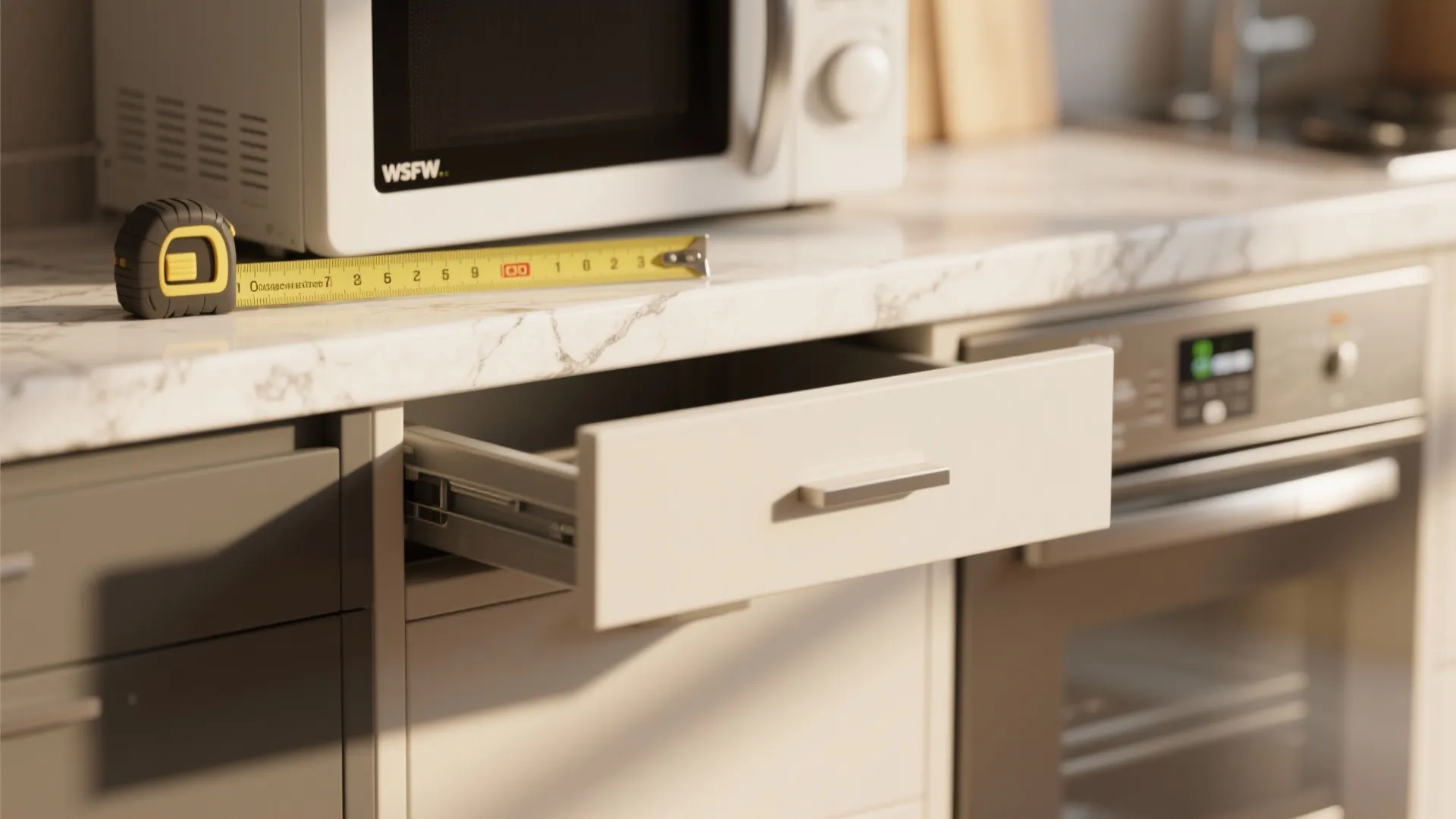 Measuring tape on marble countertop near an open white drawer and a small white microwave