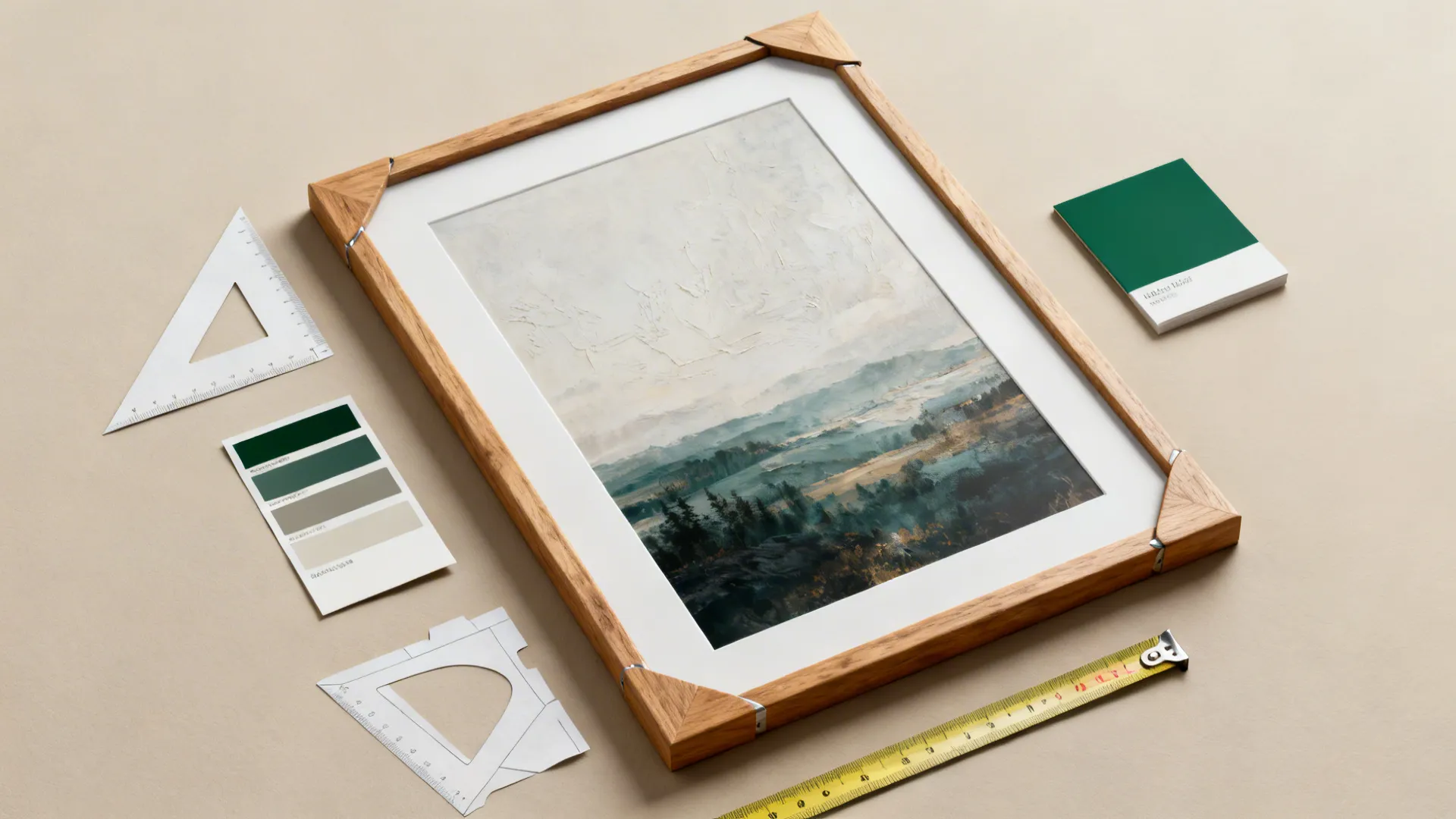 Flatlay of giclée prints, FSC frame samples, color swatches and paper templates for planning art layouts.