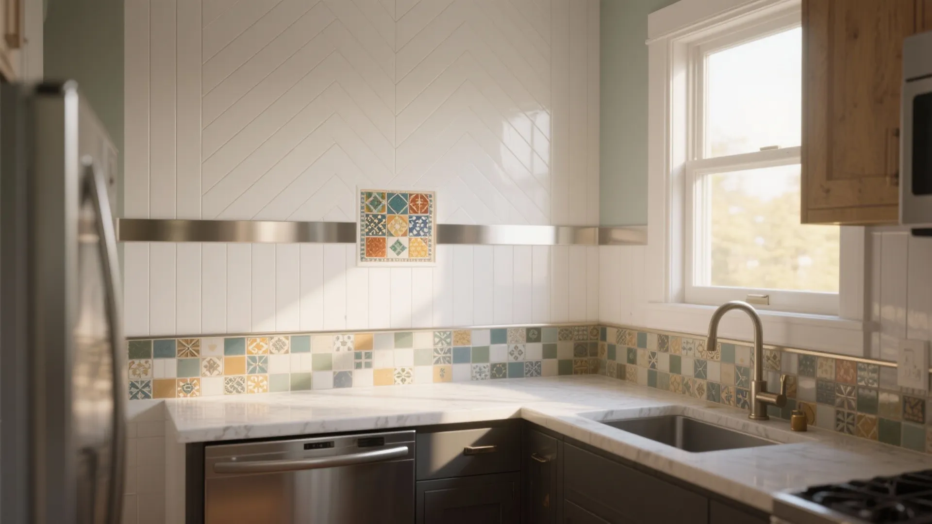 Kitchen sink area with white wall panel and colorful square tiles under natural window light