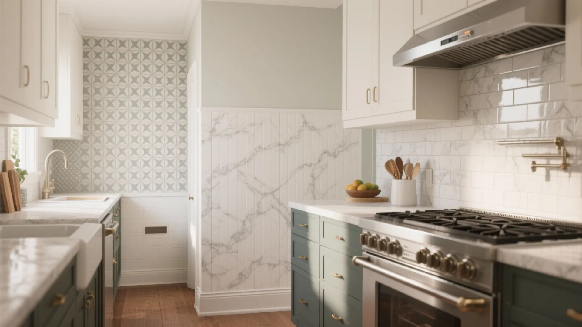 Modern kitchen with white marble wall panel, green cabinets, gas stove, and white wall tiles