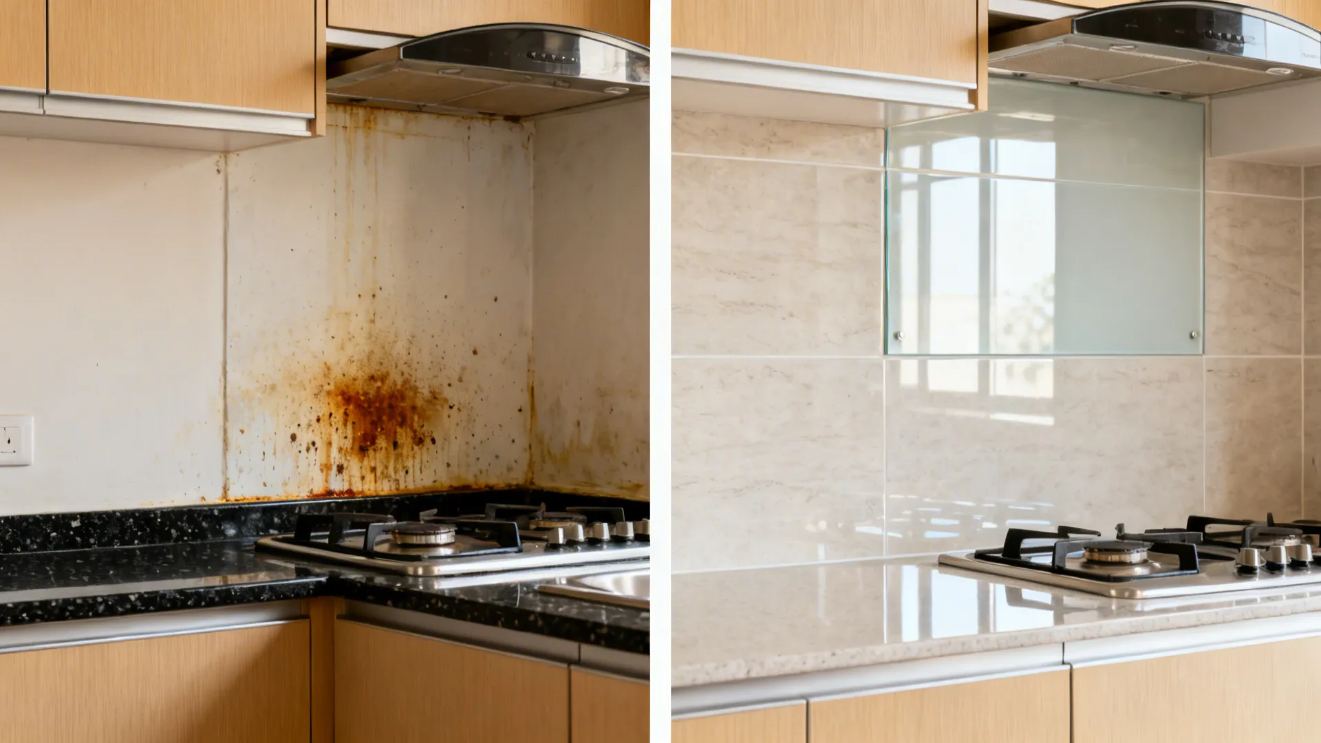 Before-and-after cook zone showing stained wall versus clean gloss tile or glass backsplash.