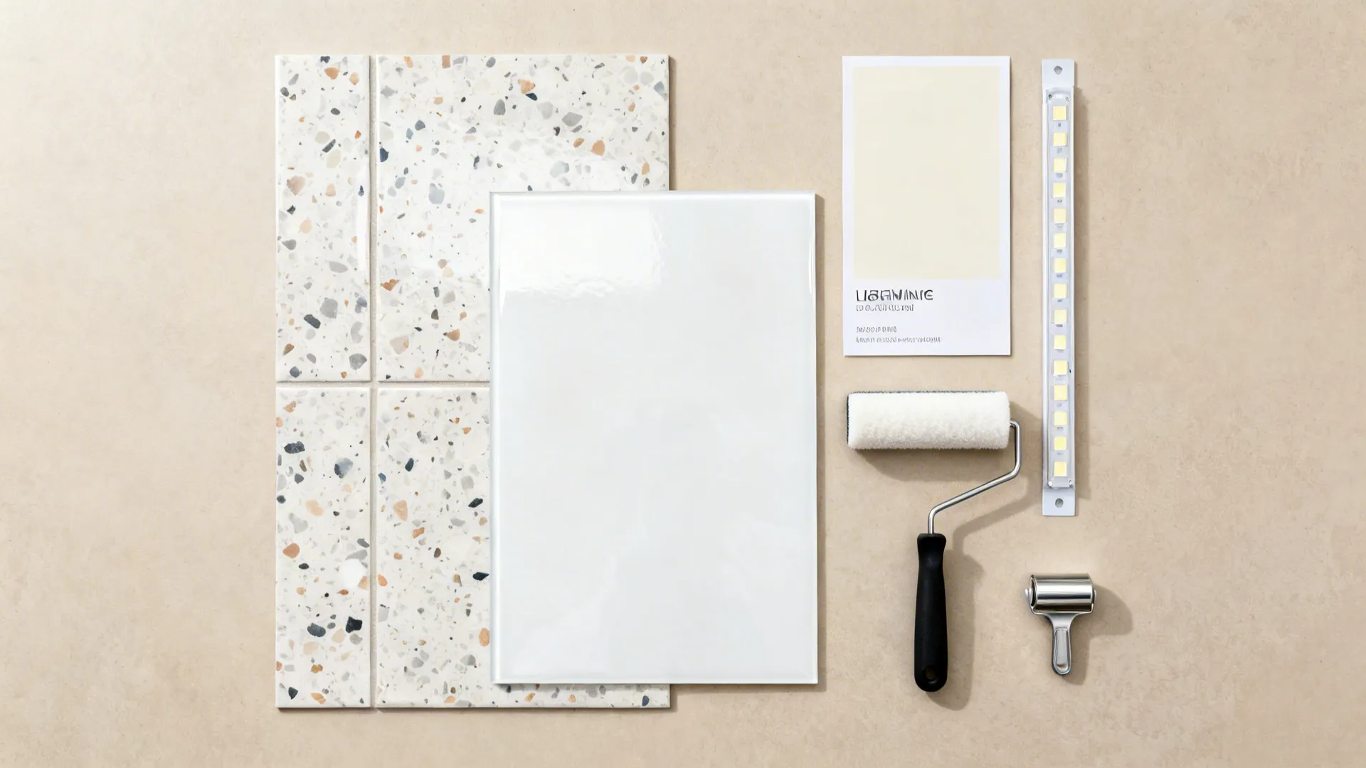 Kitchen backsplash materials including patterned tiles white tile paint roller light strip and color sample