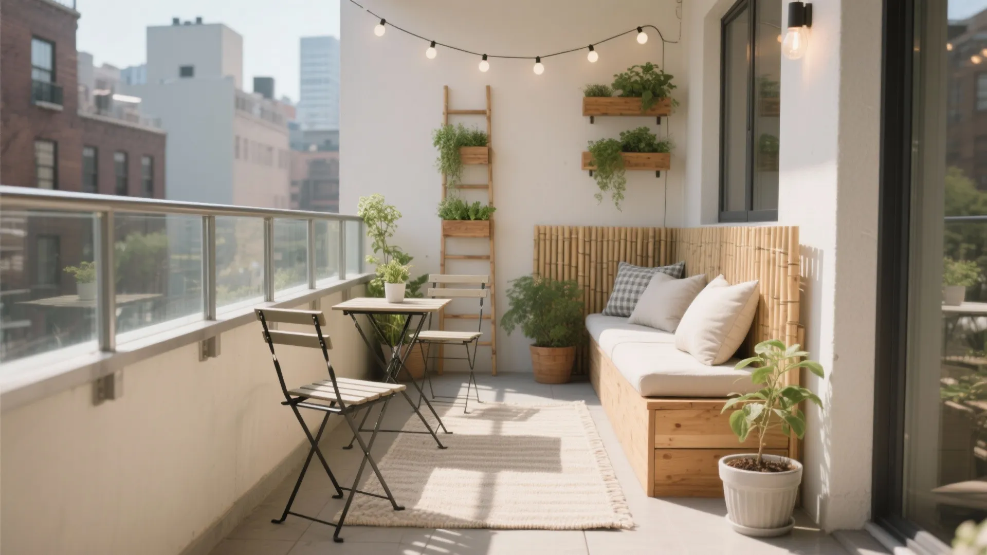 Cozy balcony with wooden bench small dining table string lights and potted plants on wall