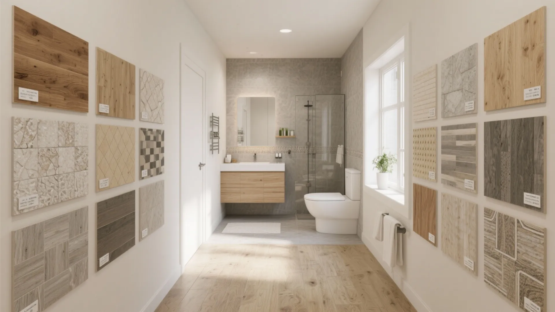 Bathroom interior design showing wooden floor and wall tiles display for choosing different home materials