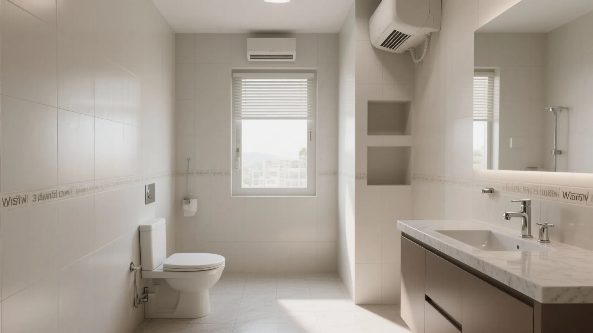 Bright bathroom featuring white wall tiles toilet sink cabinet mirror window with blinds and light