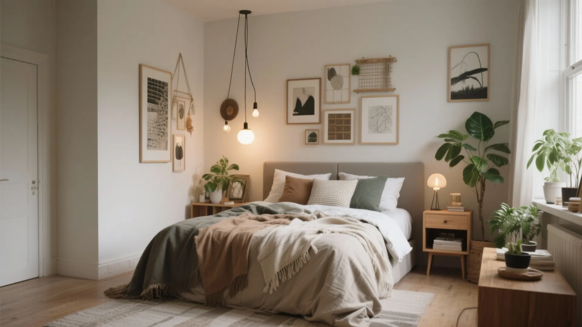 Cozy bedroom with green pillows, many wall pictures, indoor plants, and a hanging ceiling light