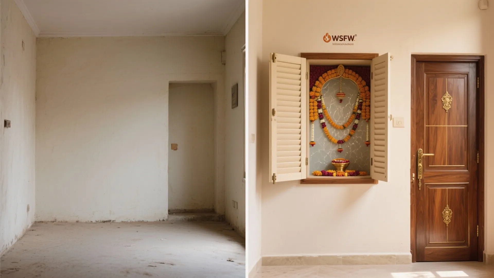 Before and after comparison of an empty room transformed into a decorated prayer space interior