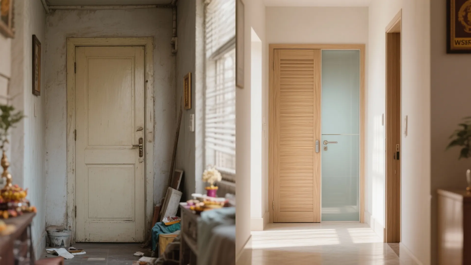 Side-by-side of a dated solid door versus a modern frosted veneered pooja door in a compact space.
