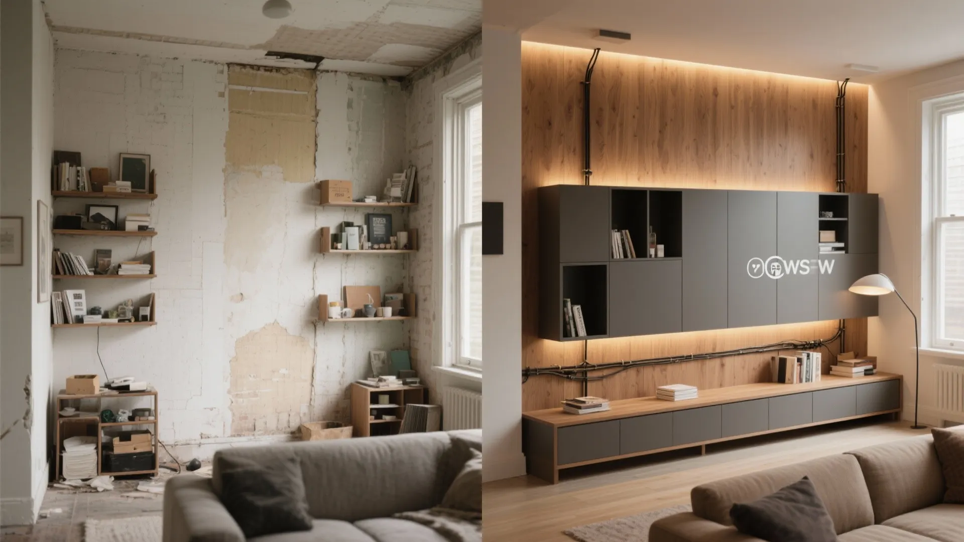 Before and after comparison of a messy old wall versus a modern grey storage cabinet