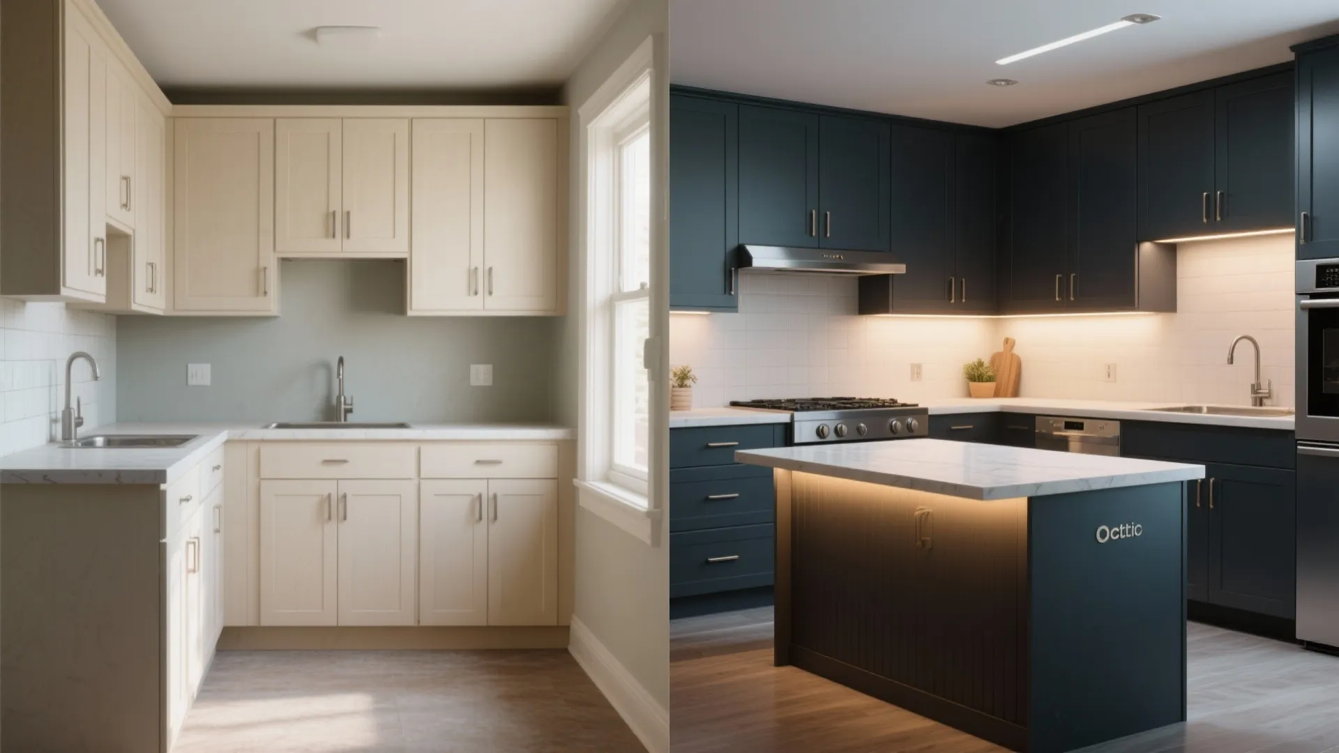 Before and after comparison of a light cream kitchen versus a modern dark blue kitchen