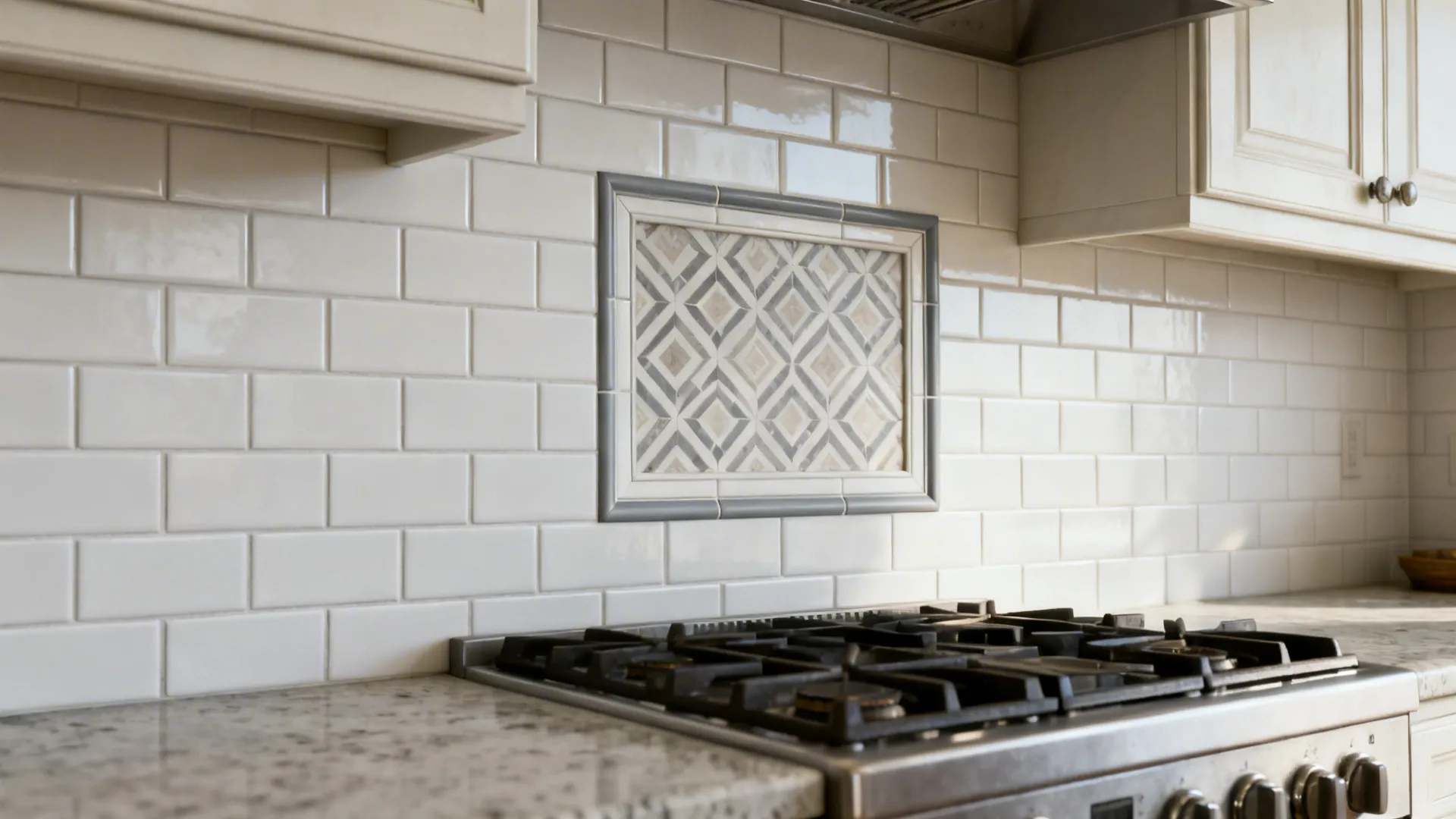 Kitchen wall with white subway tiles and a decorative patterned tile section above the stove