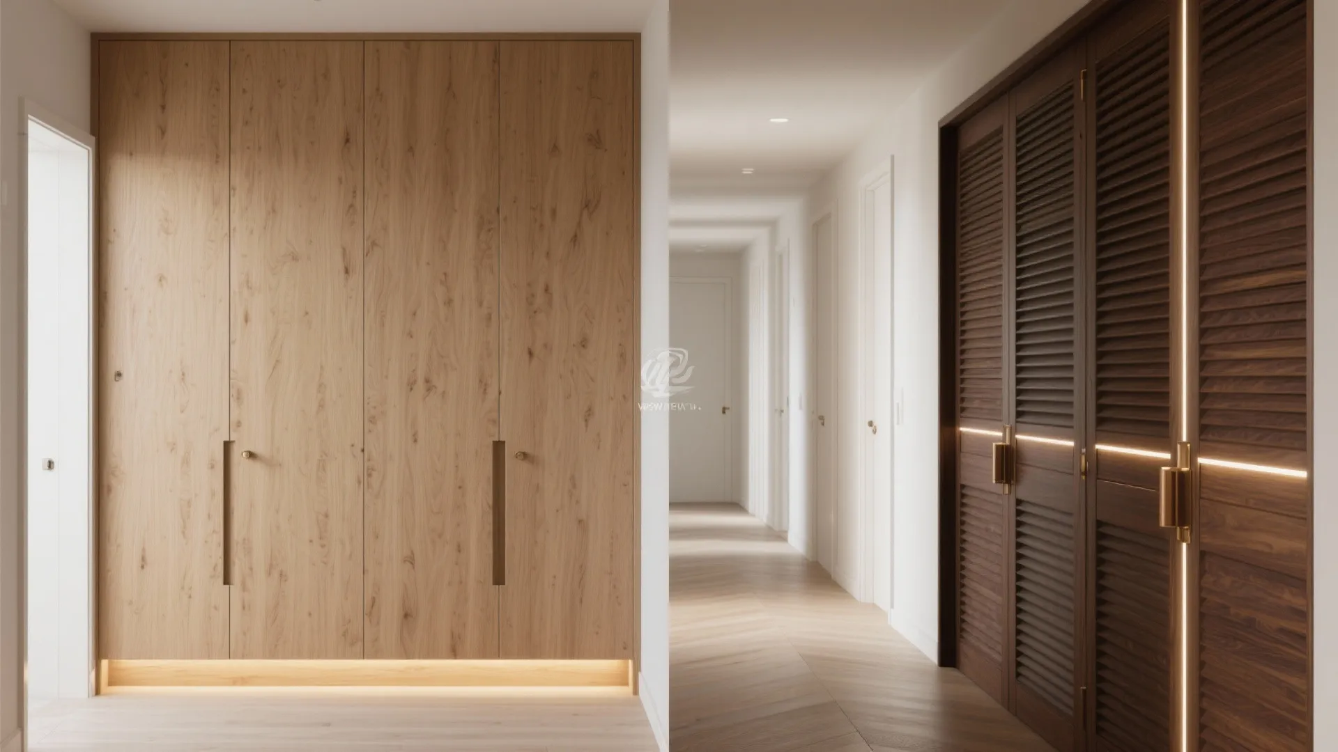 Side by side comparison of light oak wood wardrobe and dark brown wood closet with lights