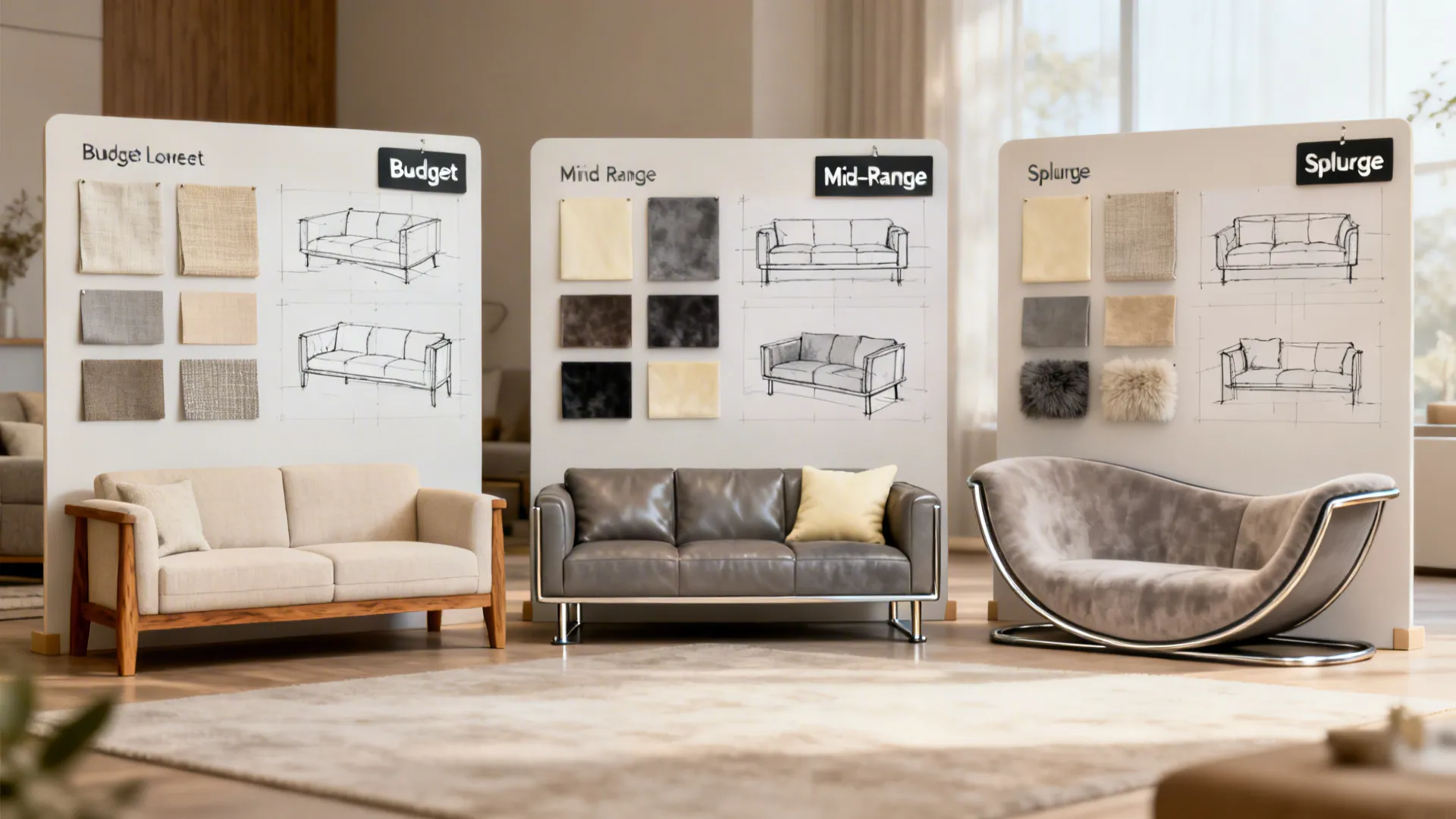 Three mood boards showing budget, mid-range, and splurge sofa options with swatches and sketches.