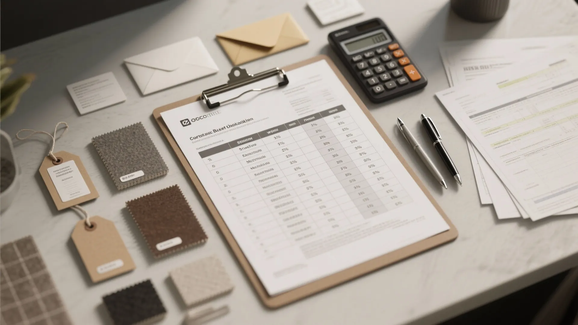 Clipboard with a budget table calculator pens and fabric samples on a clean white desk