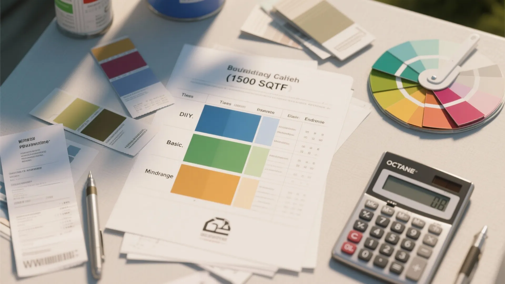 Budget breakdown document on a desk with color swatches a calculator and a color wheel