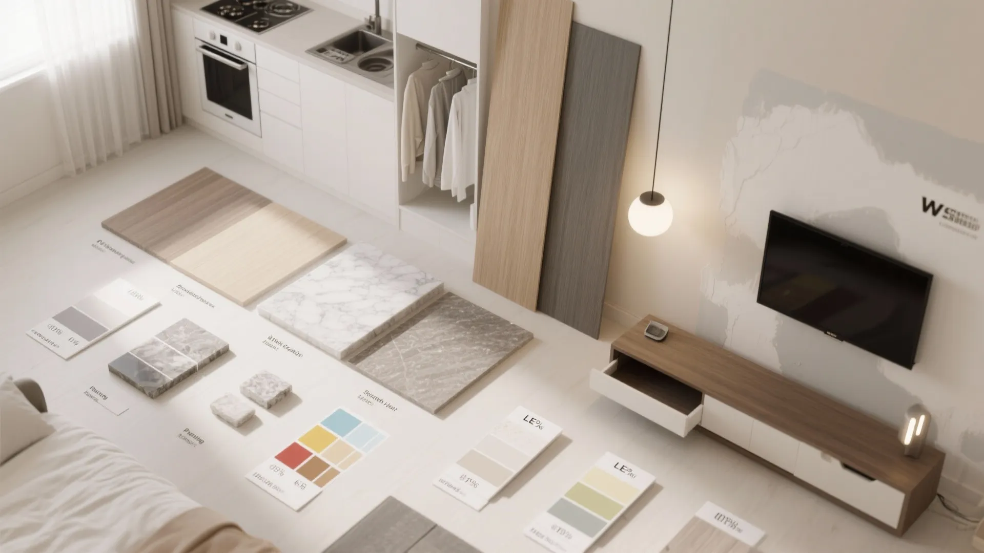 Top view of interior design material samples including wood marble and color palettes on floor