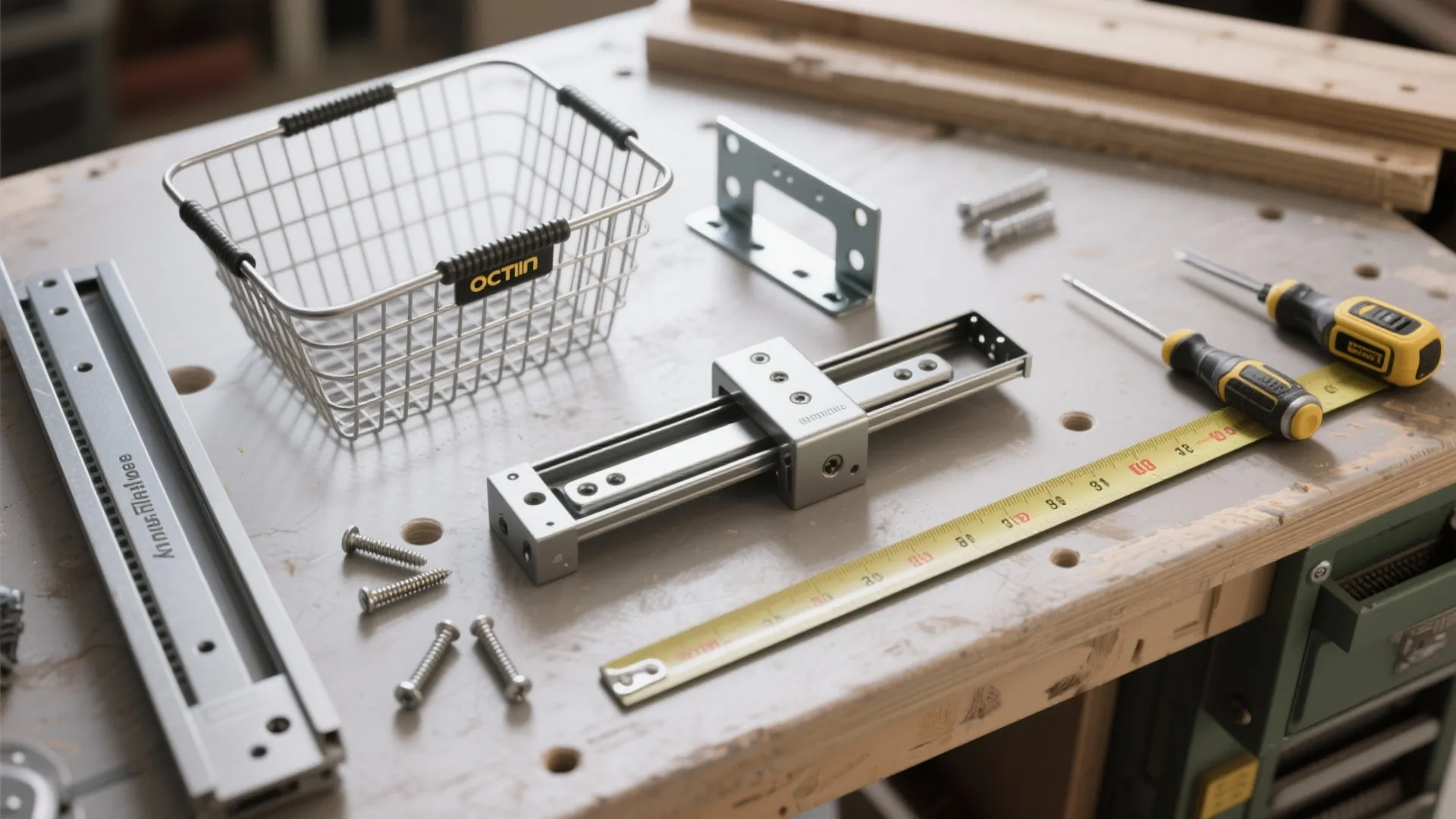 Various home improvement tools including metal rails wire basket screws and measuring tape on workbench