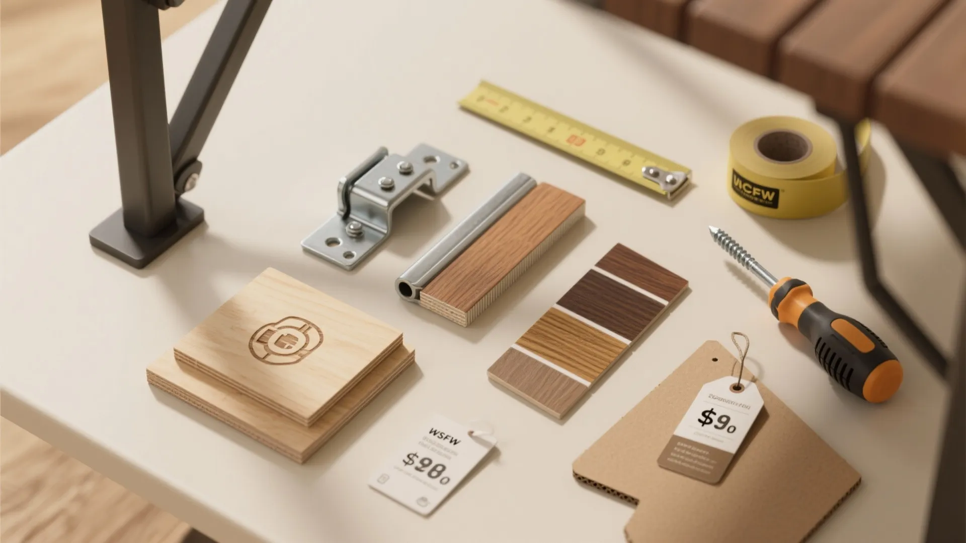 Top-down flatlay of hinge samples, wood swatches, tools, and cardboard mockups for foldaway table budgeting and planning.