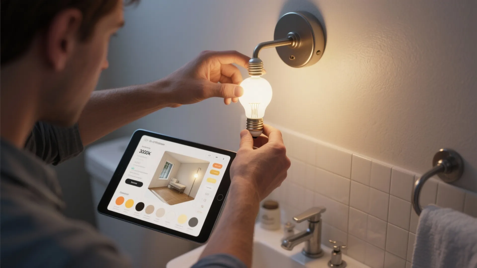 Person changing light bulb in bathroom wall light while using tablet for interior design application