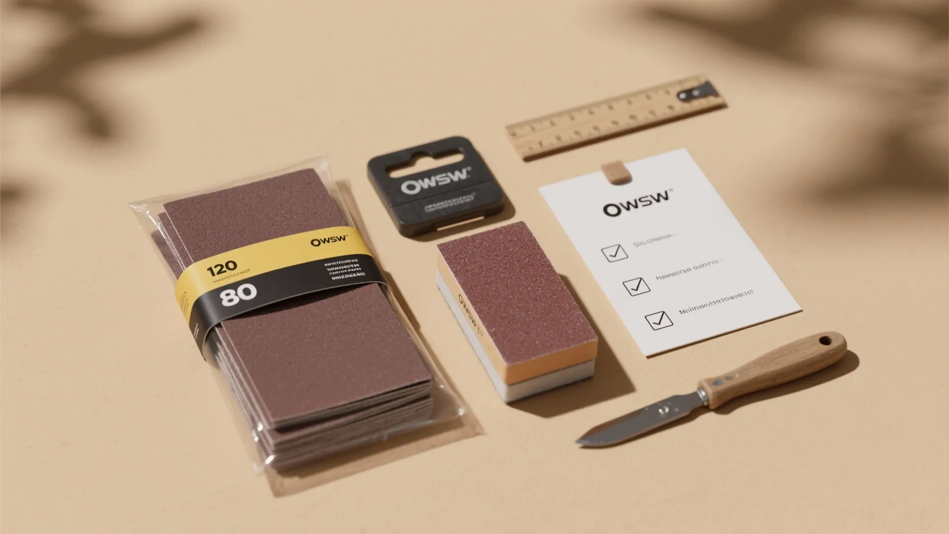 Home renovation tools including sandpaper sheets sanding blocks wood ruler and utility knife on beige surface
