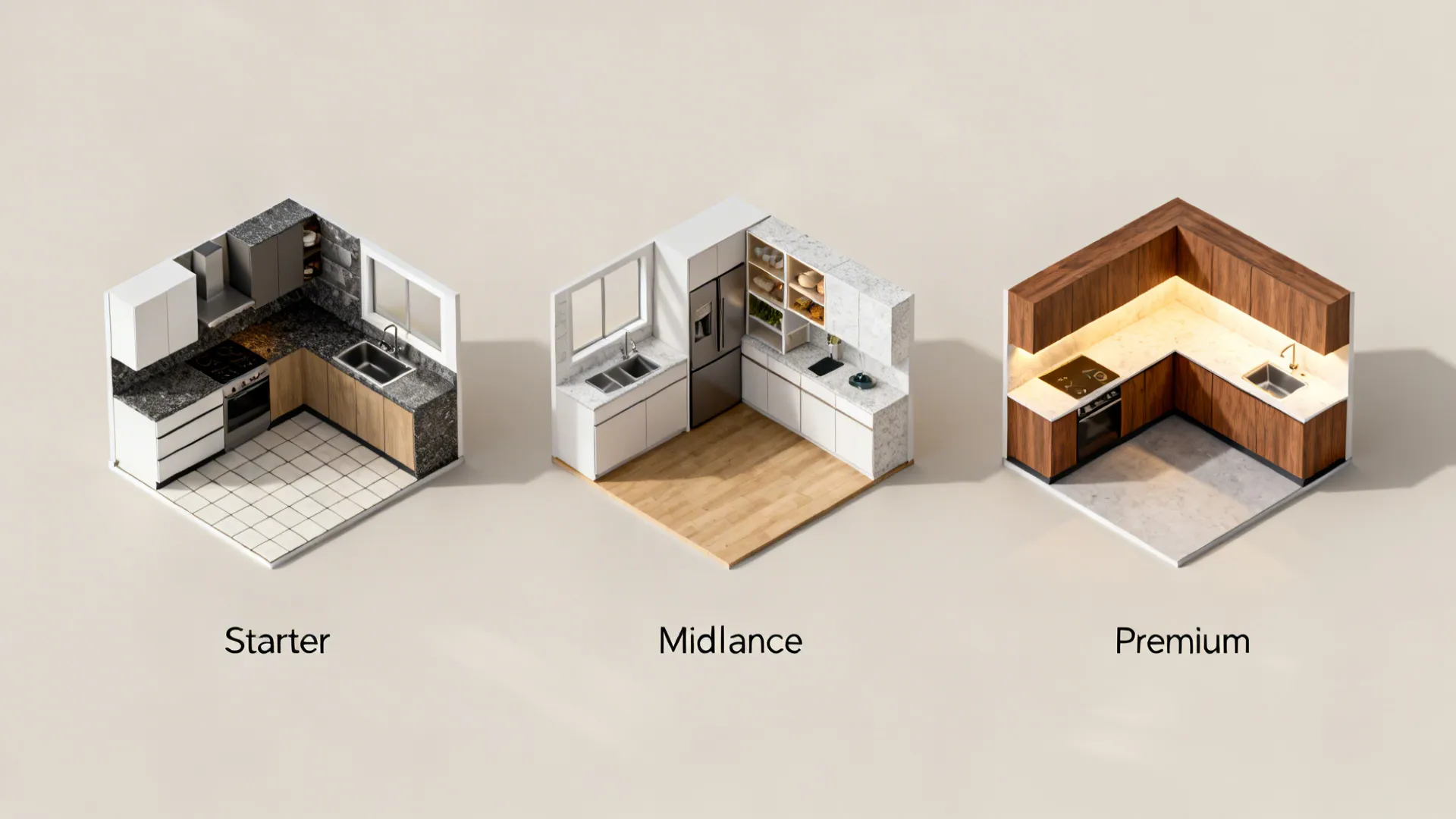 Top-down boards comparing starter, mid-range, and premium kitchen material bundles.