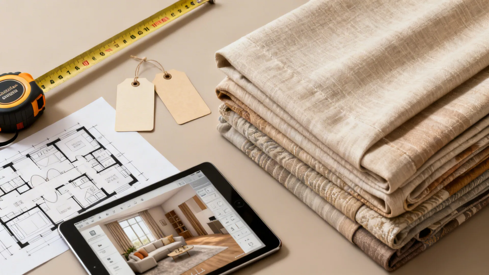 Flatlay with measuring tape, ready-made curtain panels, floor plan and tablet showing 3D room planner.