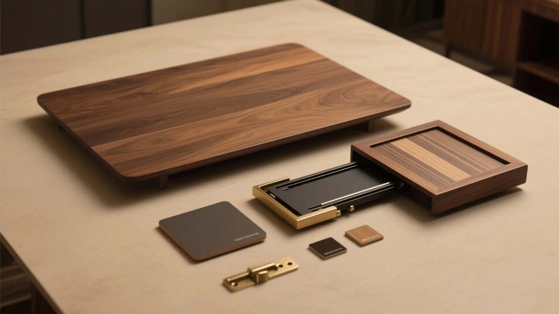 High angle view of wooden cabinet samples and metal hardware pieces on a light table