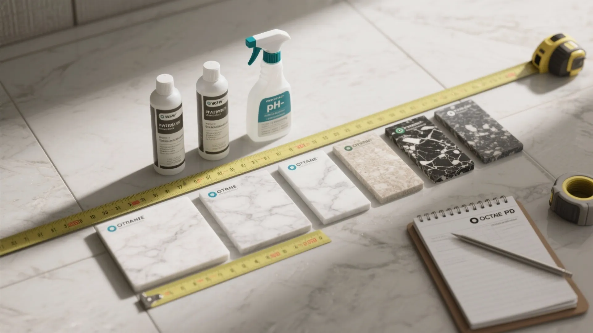 Marble floor tiles sample selection with yellow measuring tape cleaning bottles and a small notebook