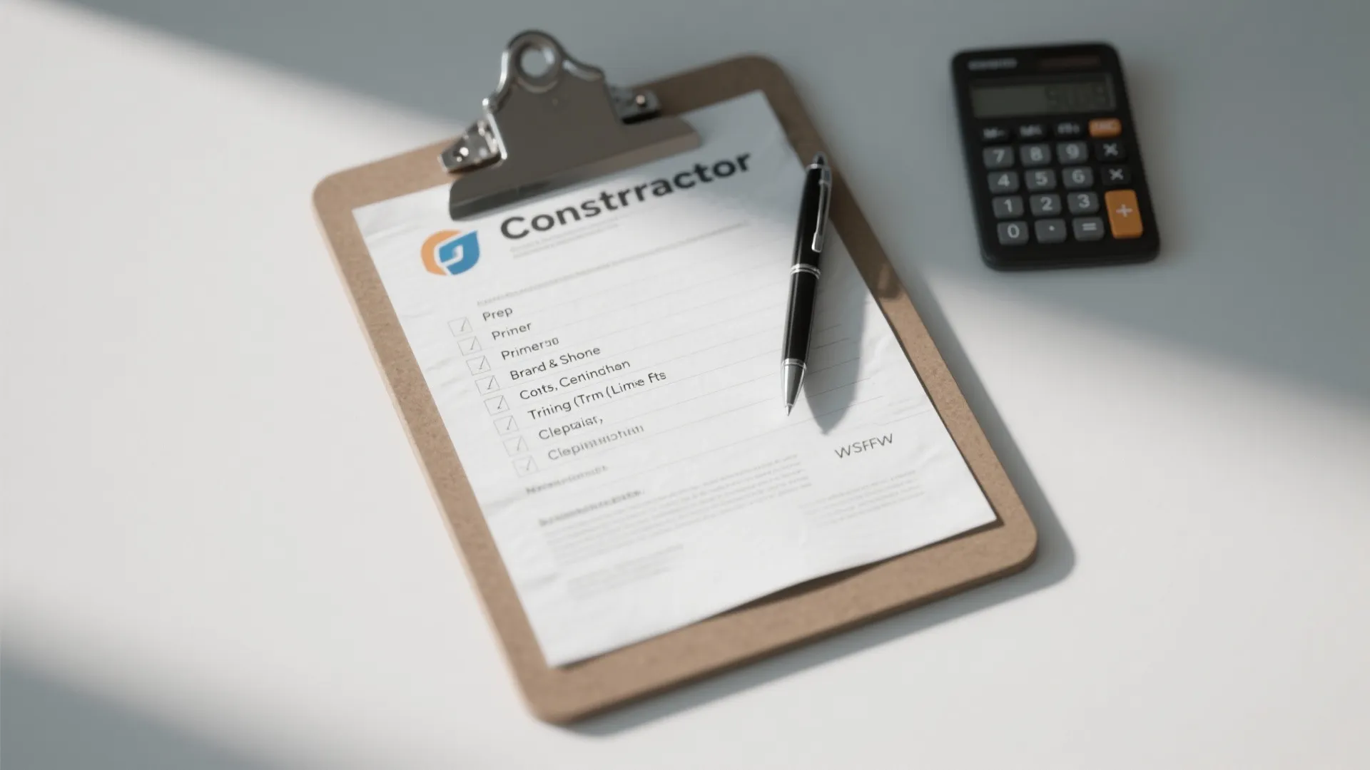 Top-down clipboard with a detailed painting budget checklist and calculator