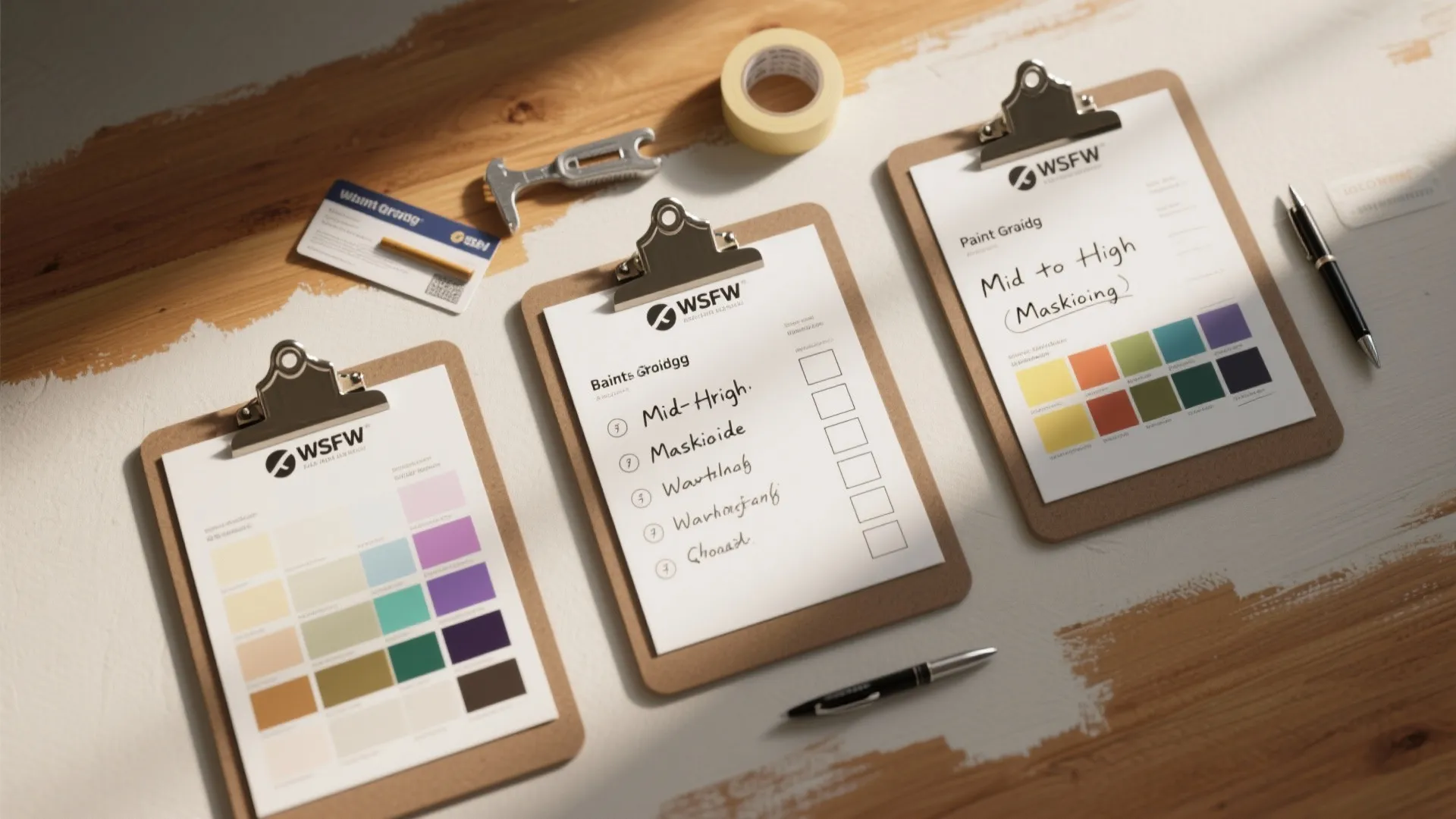 Three clipboards showing paint color palettes and project checklists on a wooden work table surface