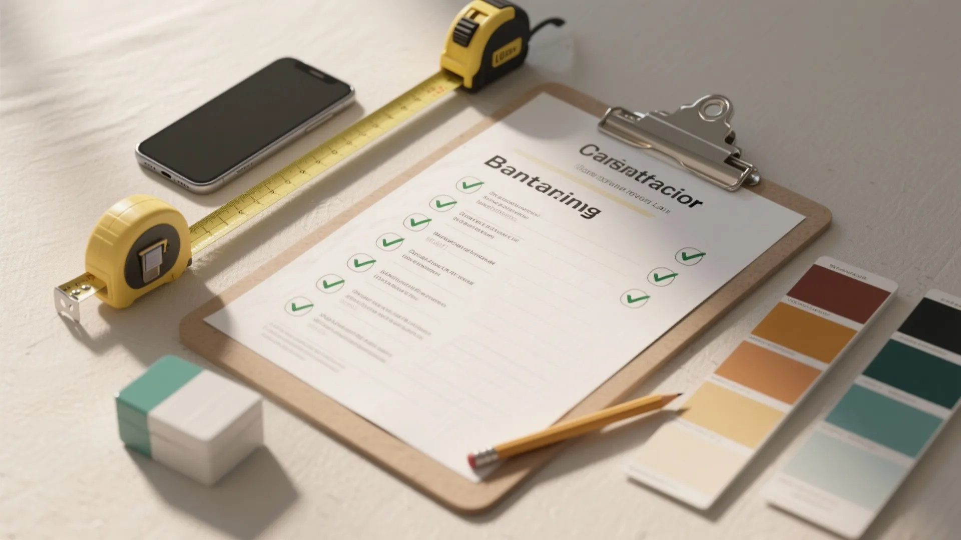 Home renovation checklist on a clipboard with a measuring tape smartphone pencil and color samples