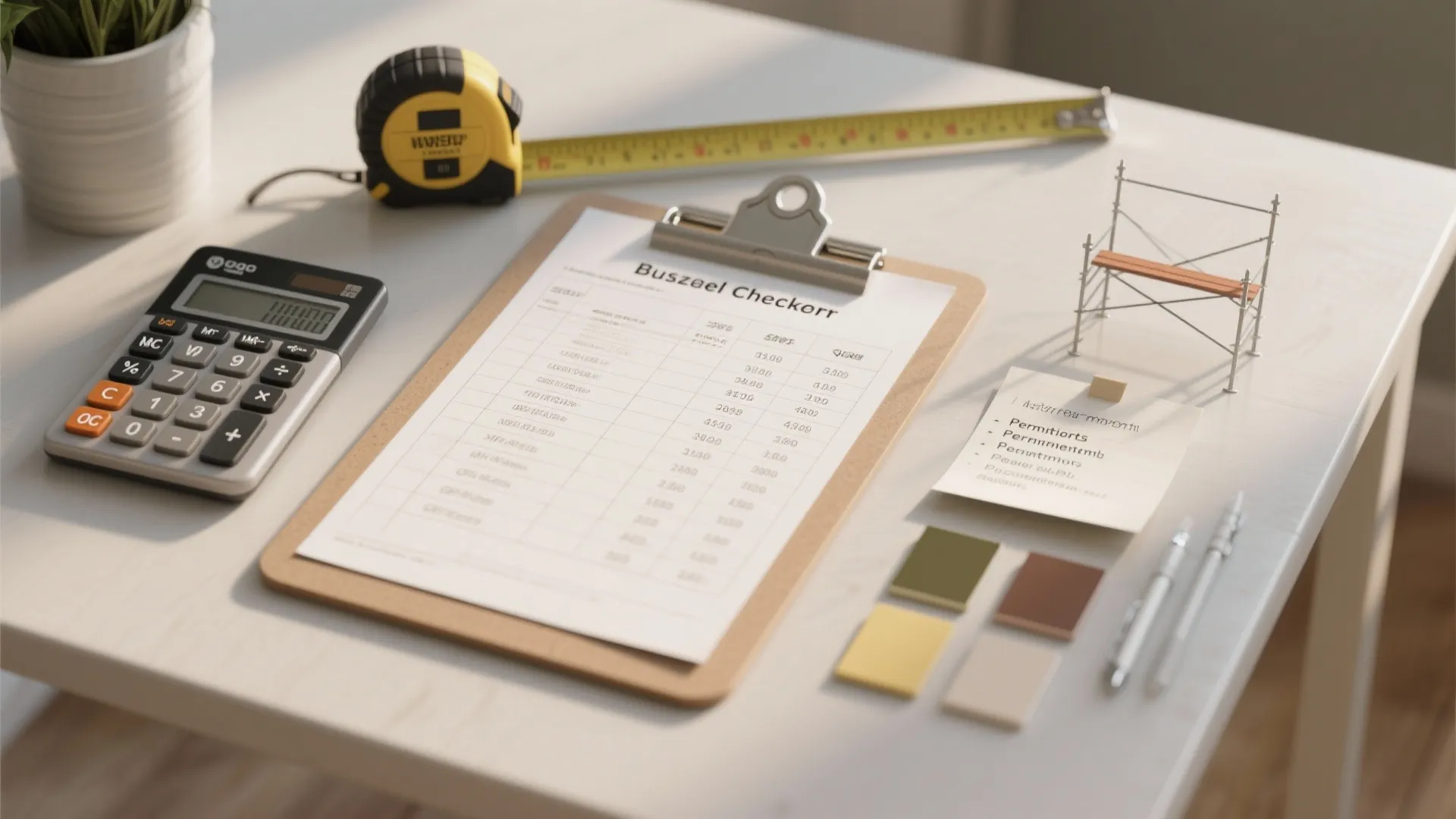 White desk with a budget checklist on a clipboard and measuring tape and a calculator