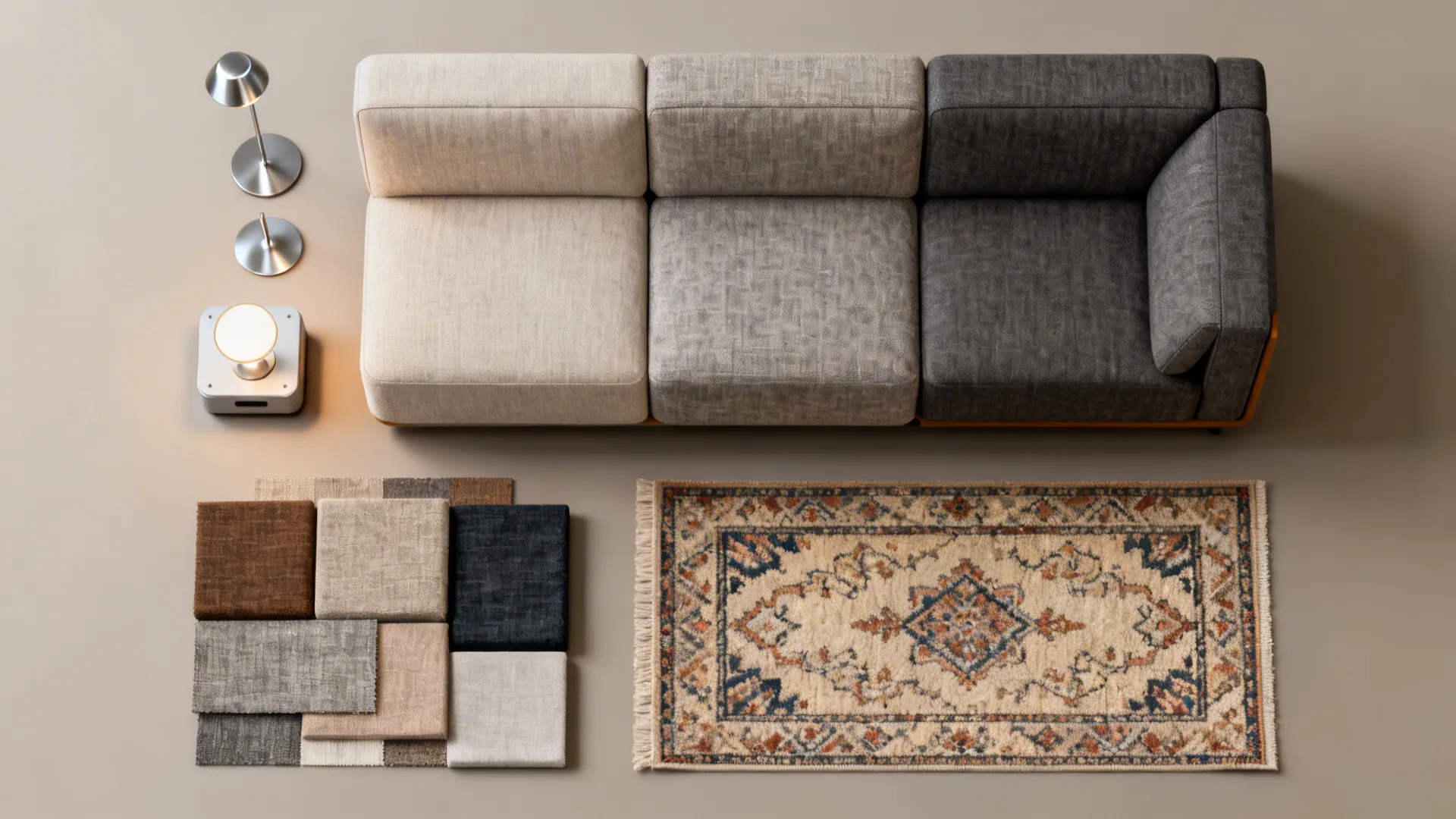 Top view of modular sofa sections next to fabric samples small patterned rug and lamps