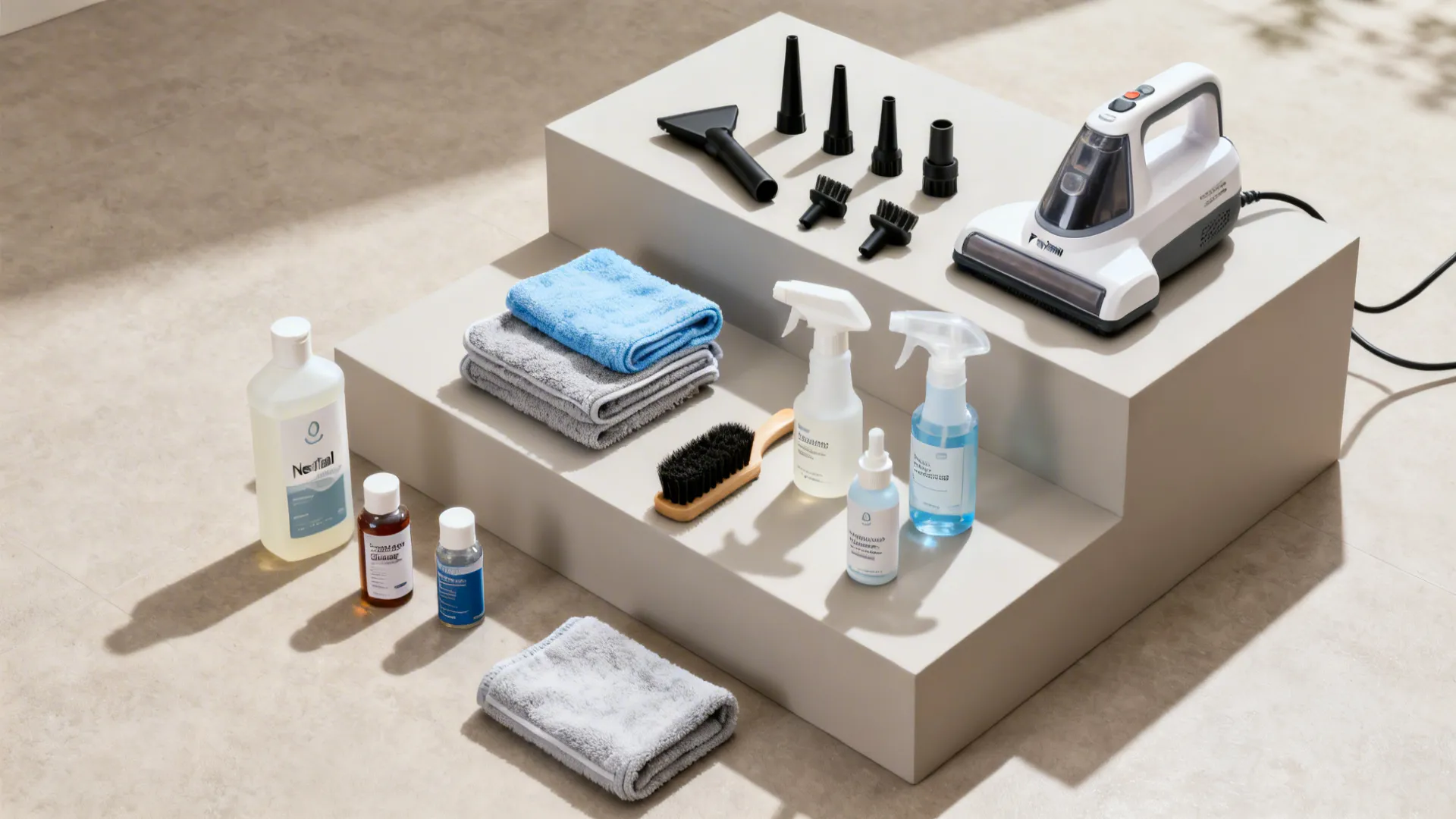 Flat lay of starter, steam upgrade, and pro cleaning kits grouped on a neutral surface.