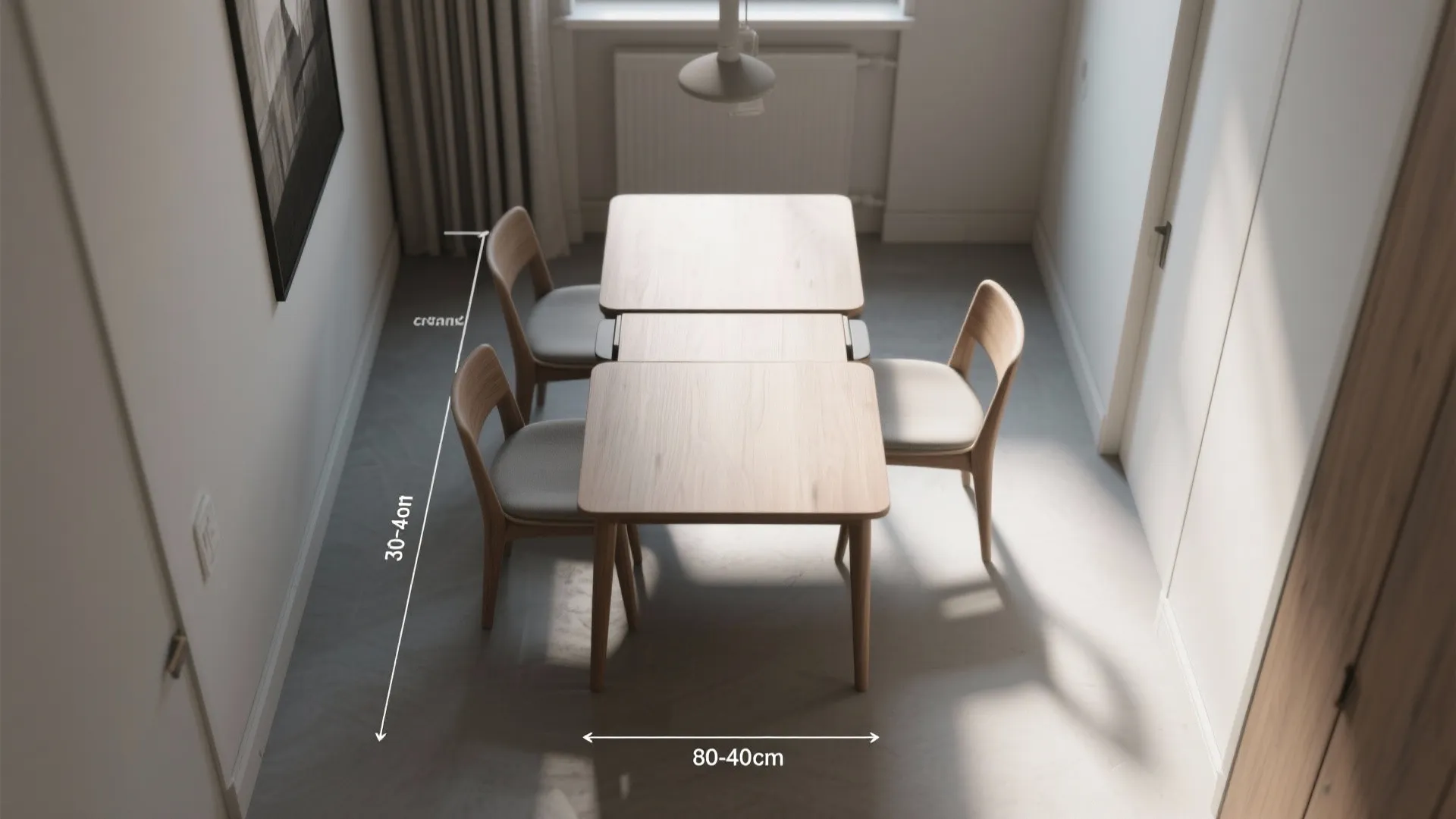 Dining room layout showing wooden table with chairs and measurements for proper floor space clearance