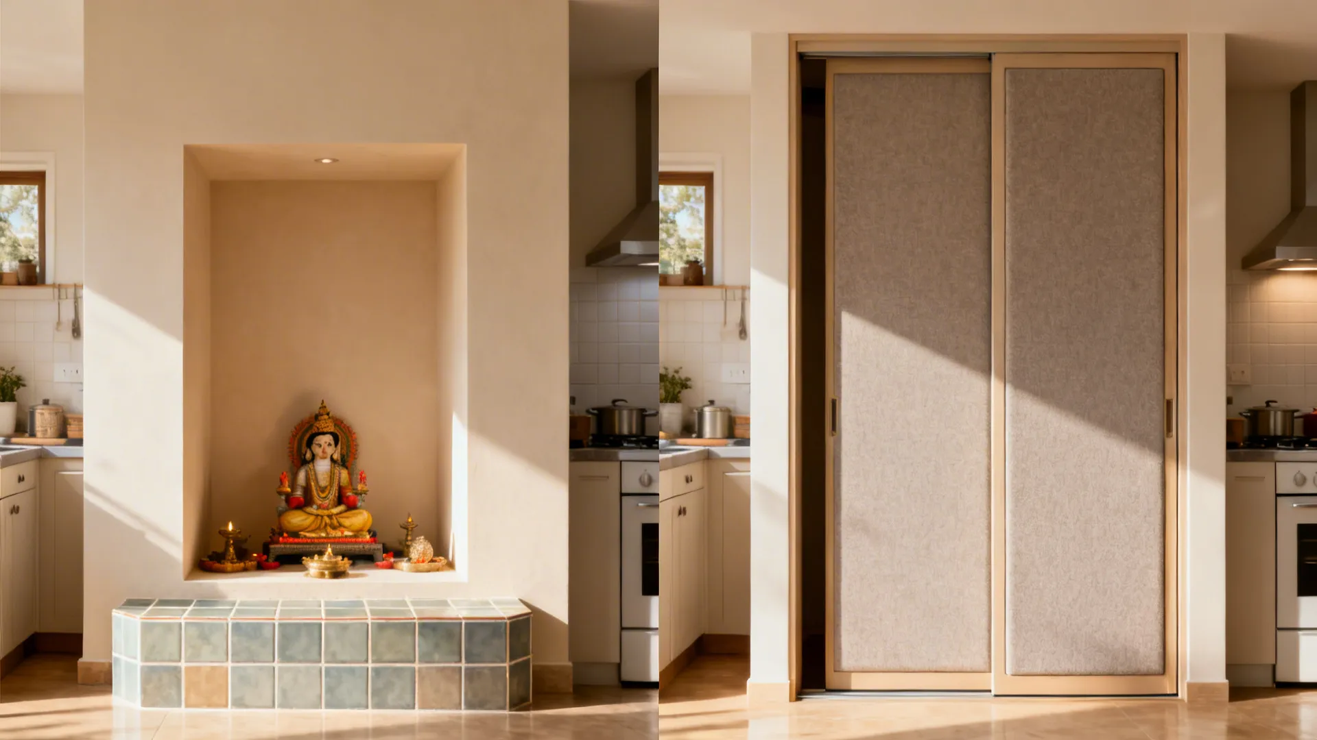 Side-by-side view comparing a simple tiled pooja niche and a premium sliding pooja sanctuary.