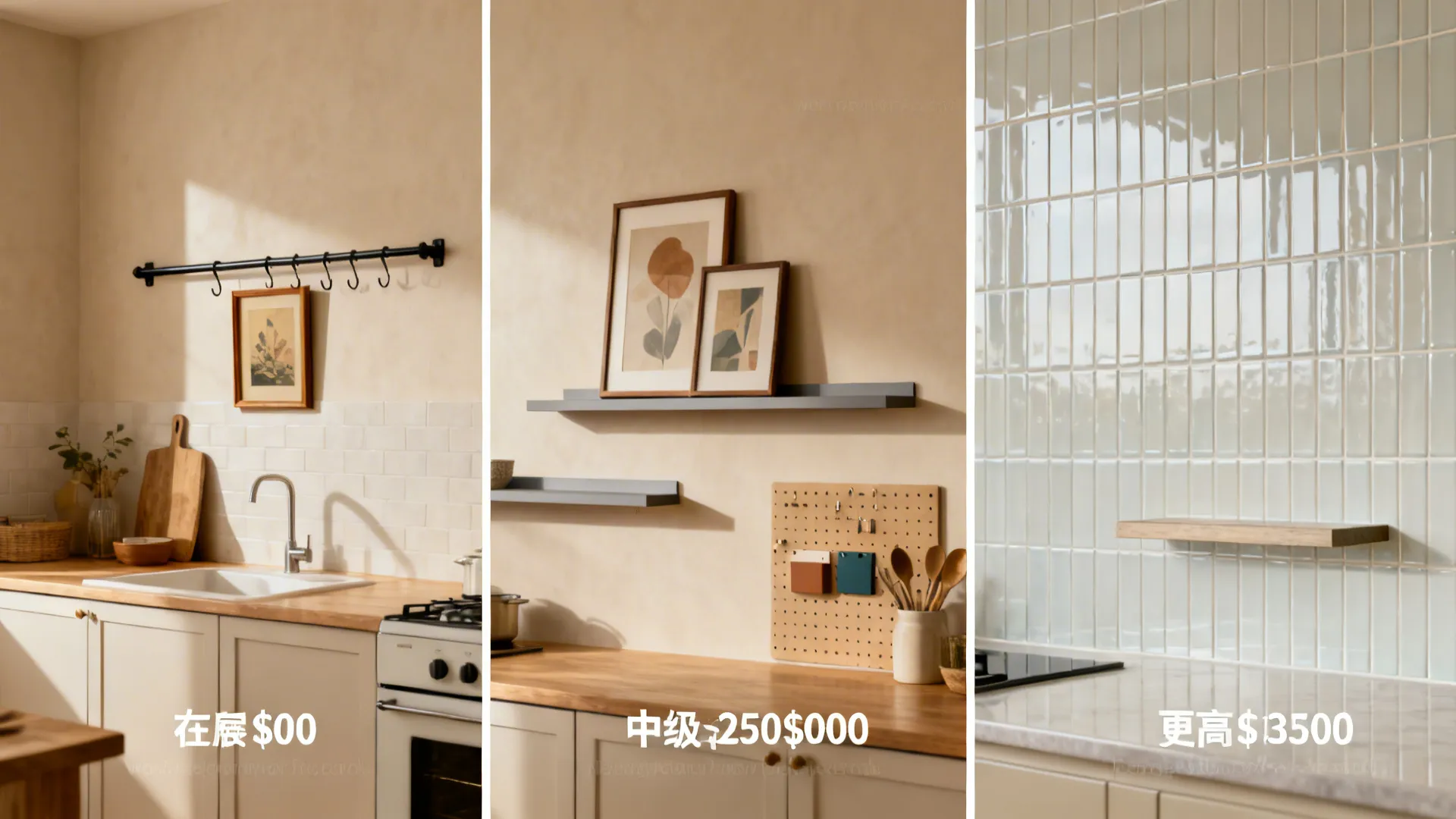 Three versions of a kitchen wall at different budgets from rail to slab and ledge.