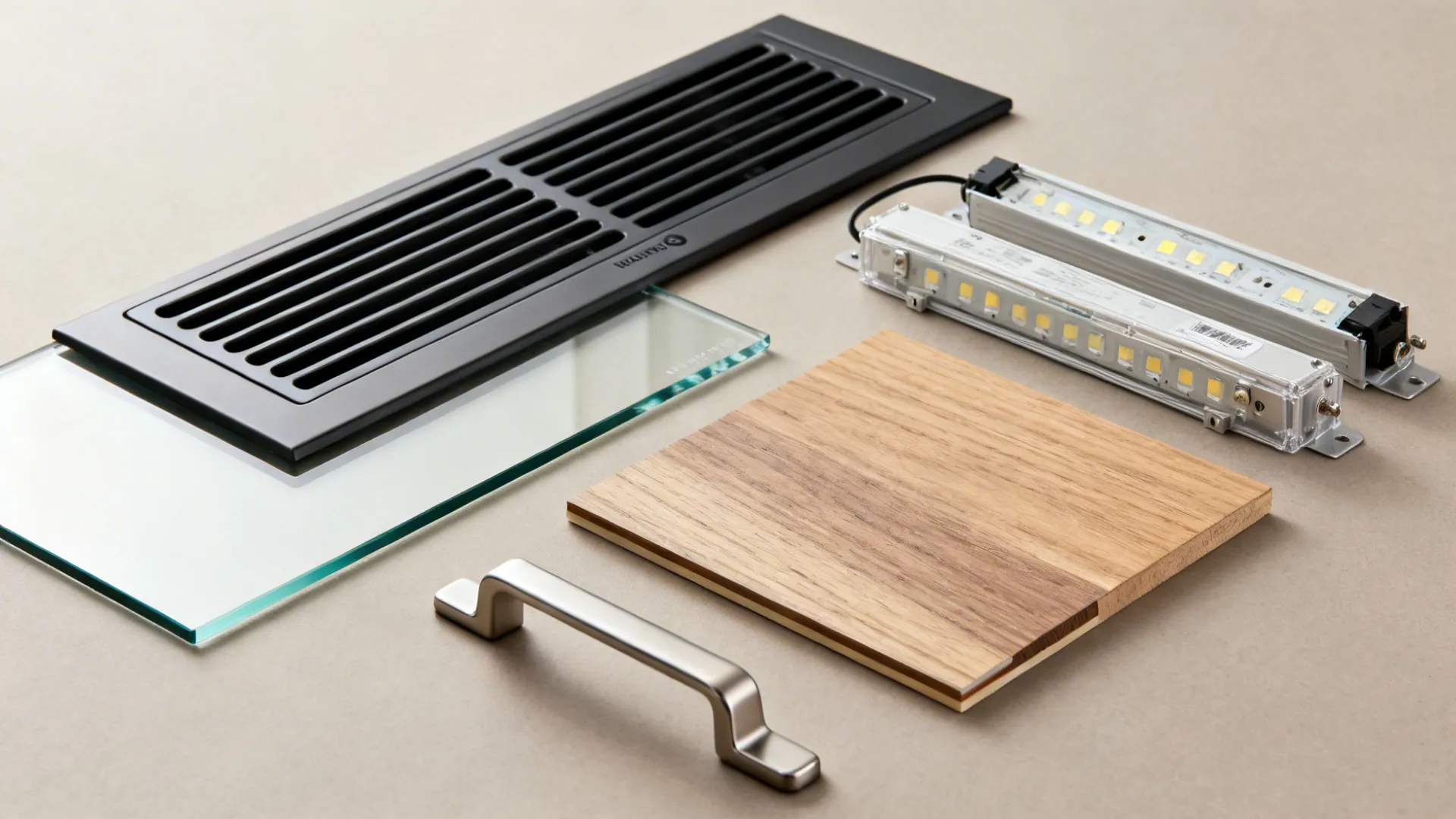 Flat lay of kitchen components like laminated glass, hood baffle, LED drivers, veneer, and refrigeration handle.