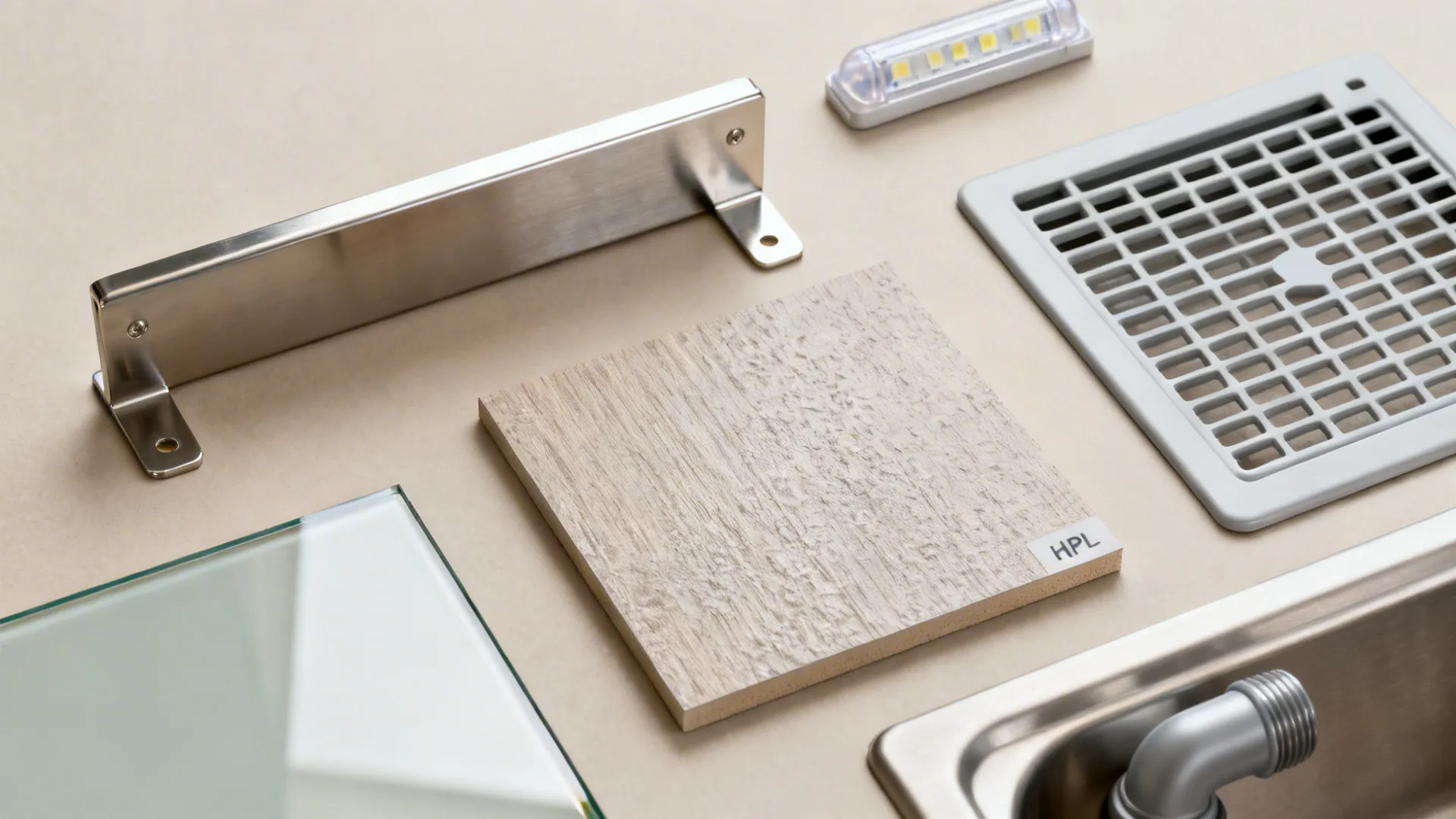 Flat lay of stainless hardware, LED strip, glass and laminate samples, and a rinser fitting for cost planning.